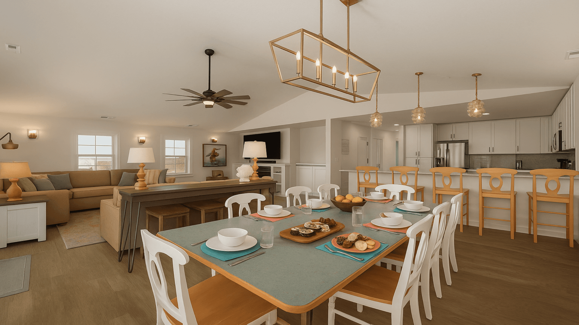 Open-Concept Kitchen, Living & Dining — Built for Large Group Comfort | Coastline Haven, Nags Head OBX