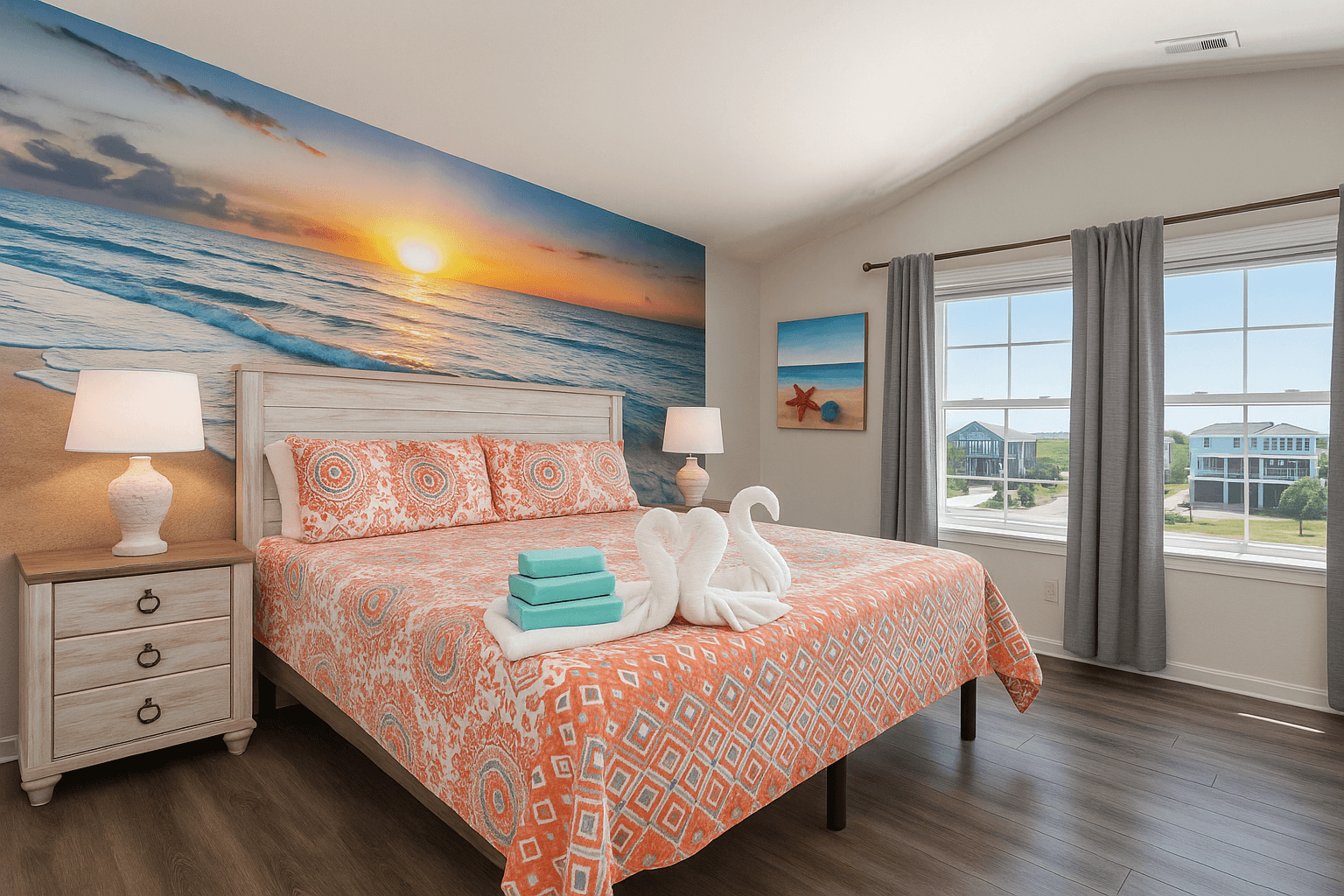 Sunrise Stateroom (BR7) — Queen Suite with Ocean Mural & Natural Light | Coastline Haven, OBX