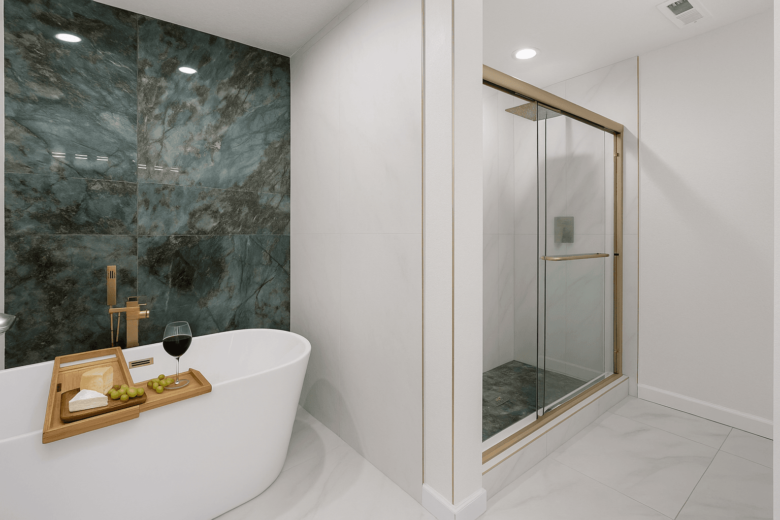 BR7 Soaking Tub with Stone Accent Wall — Spa-Like Luxury | Coastline Haven, Outer Banks