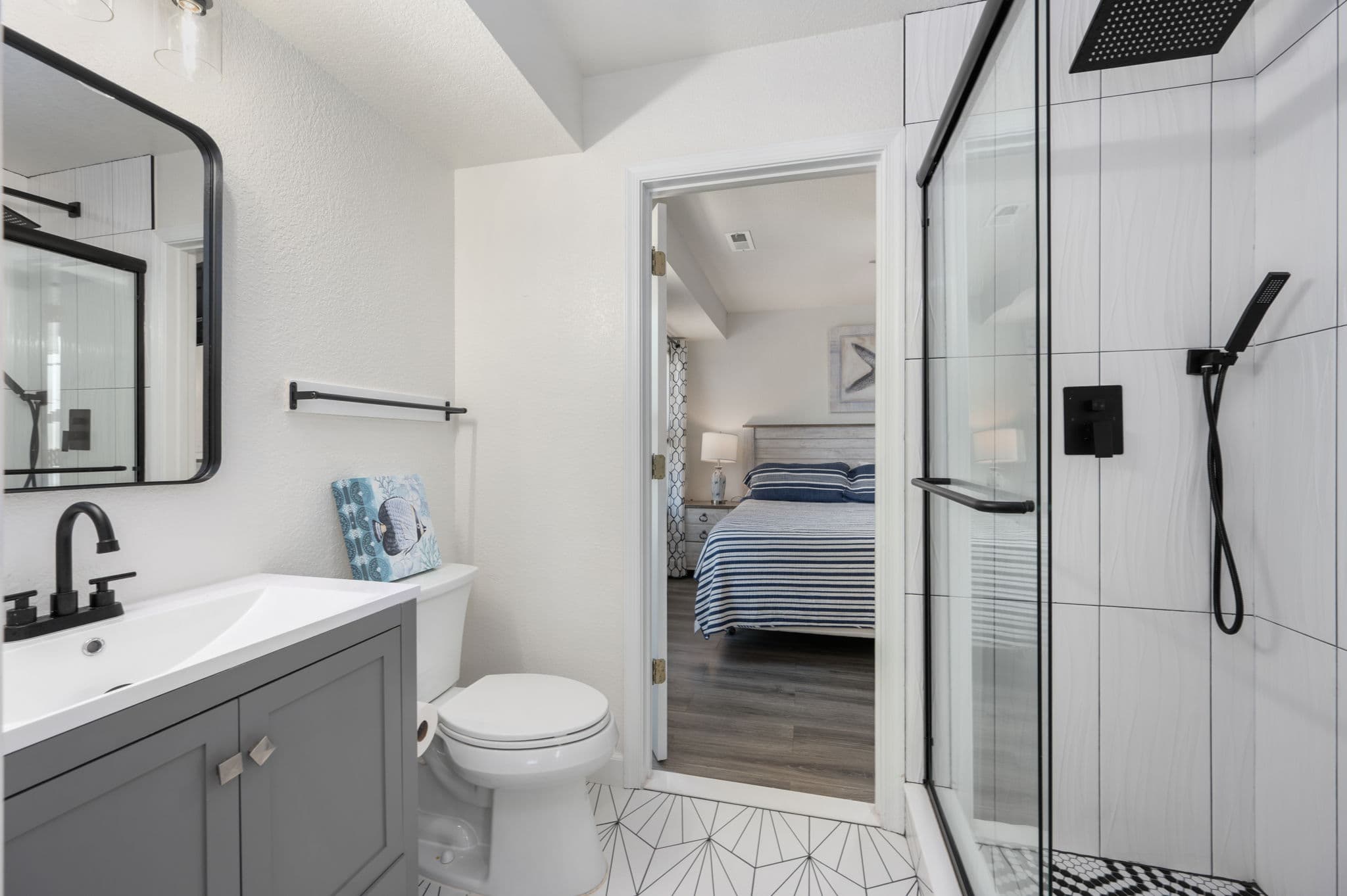 BR6 Ensuite — Modern Walk-In Shower with Sleek Vanity | Coastline Haven, Nags Head OBX