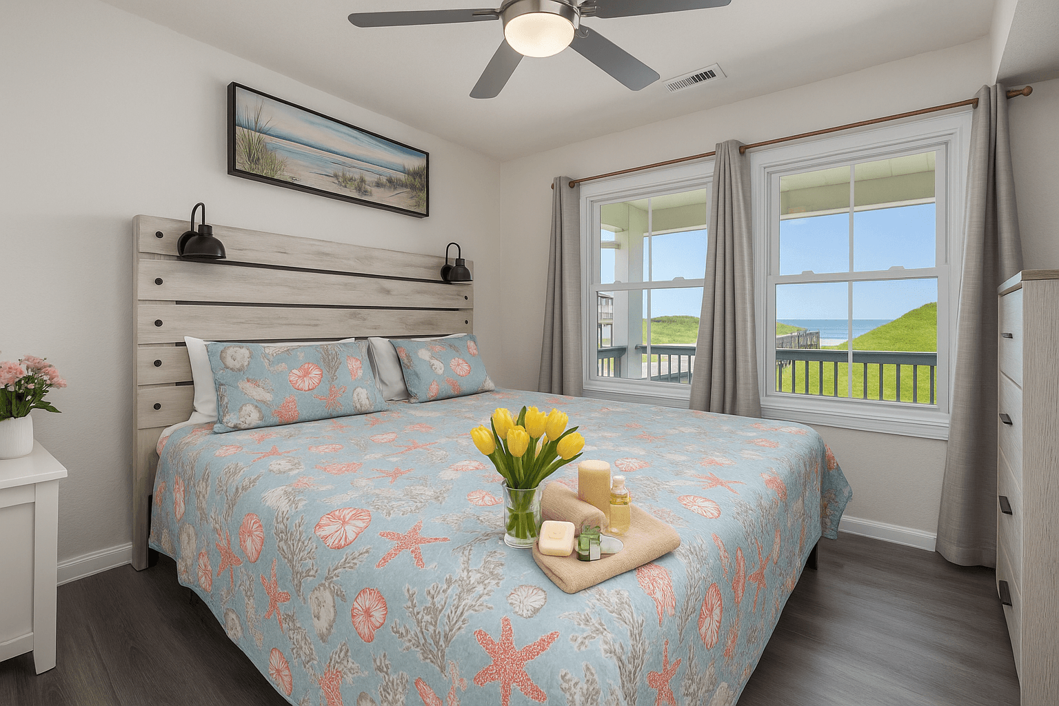 Horizon Cabin (BR4) — Queen Bedroom with Ocean Views & Coastal Décor | Coastline Haven, OBX