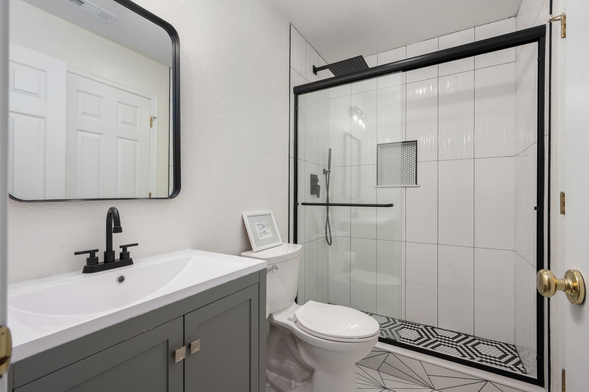 BR4 Ensuite — Walk-In Shower with Matte Black Finishes | Coastline Haven, Outer Banks