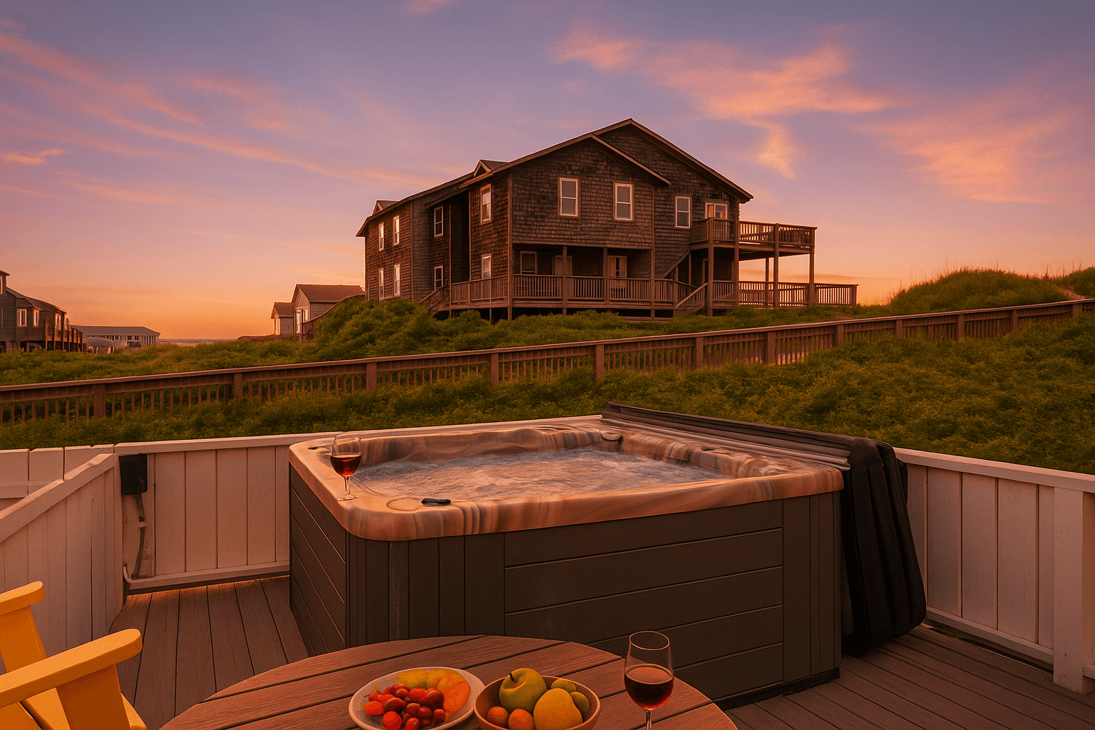 Hot Tub Overlooking the Sunset — Soak Under the Stars at Coastline Haven | Oceanfront Estate, OBX