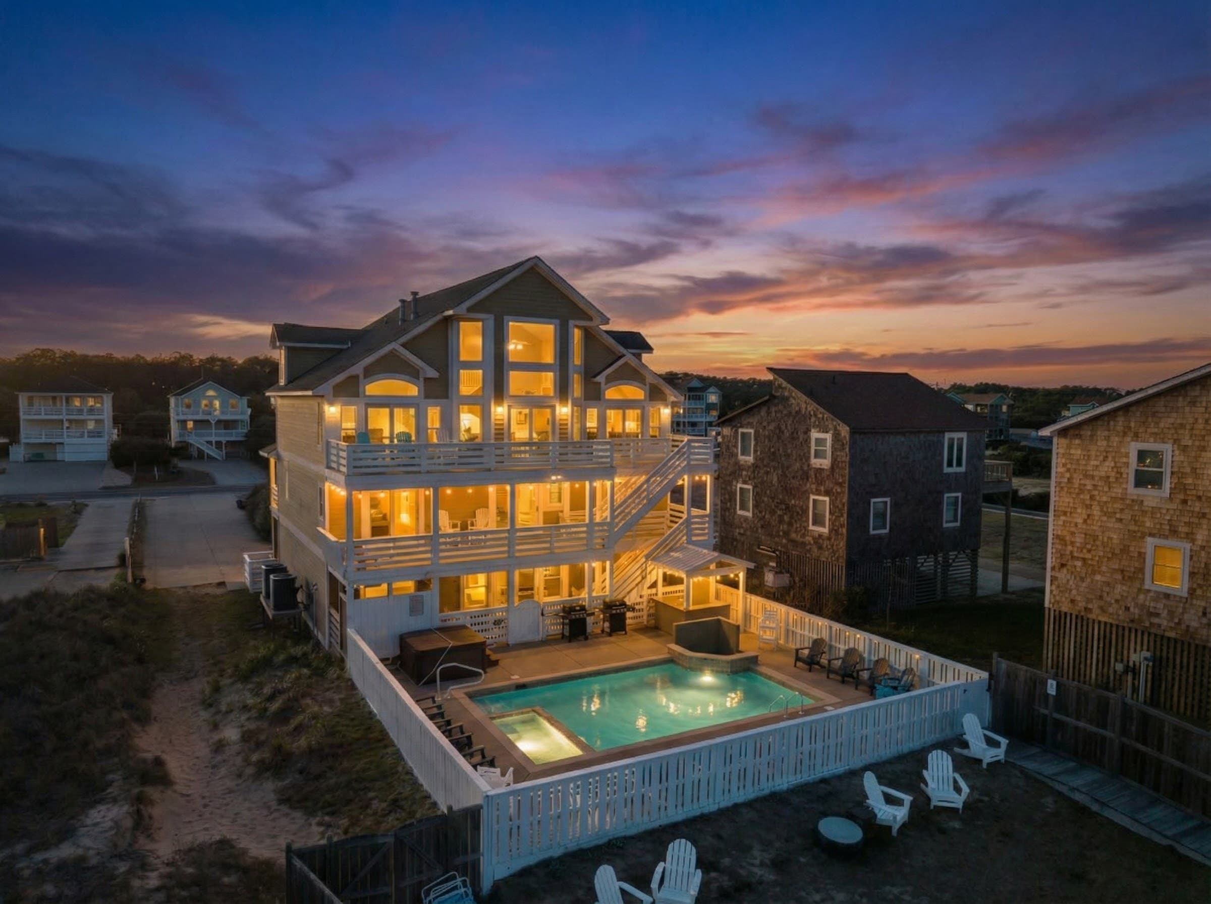 Angler's Retreat by LuxStayUSA — Oceanfront Estate at Golden Hour with Private Pool & 3 Levels of Luxury | Nags Head, Outer Banks