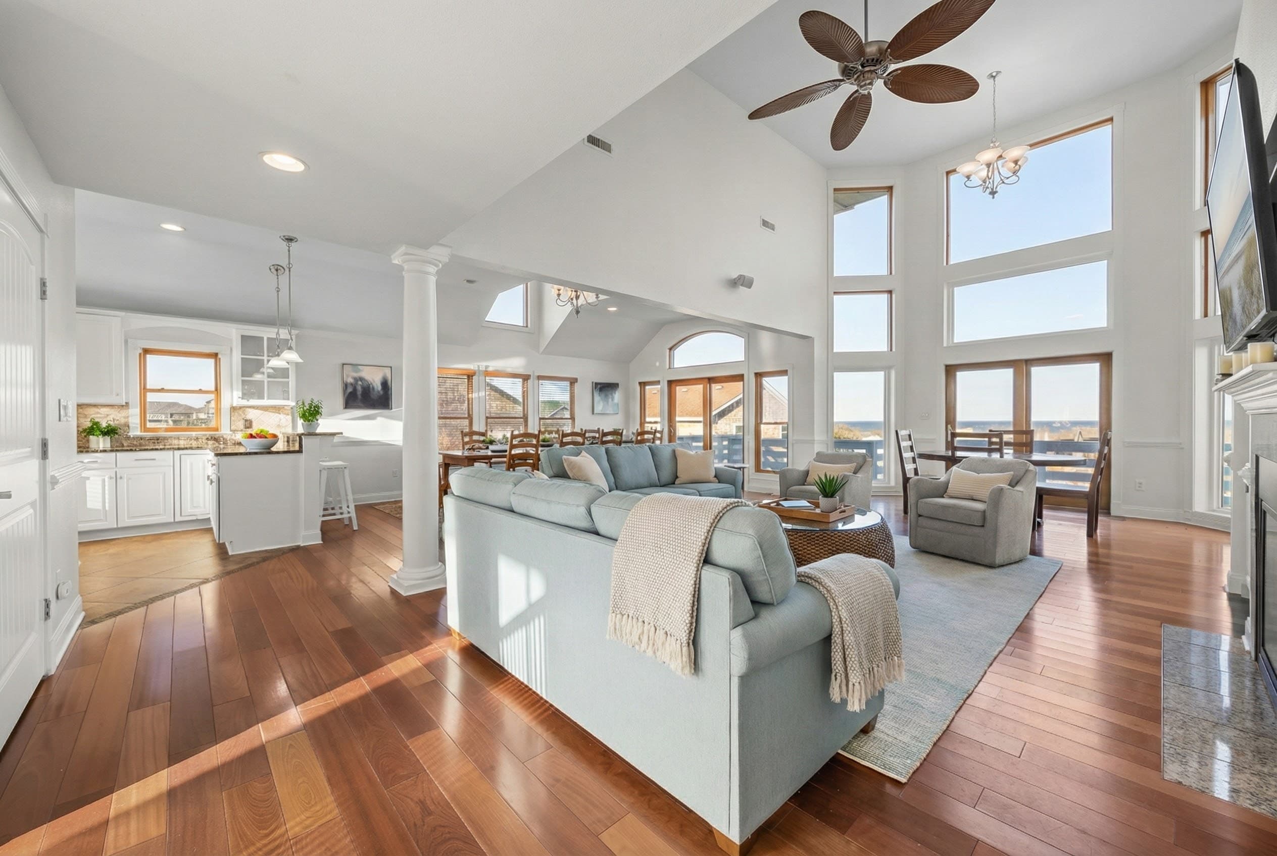 Grand Great Room with Cathedral Ceilings & Panoramic Ocean Views — Heart of the Home | Angler's Retreat, Outer Banks
