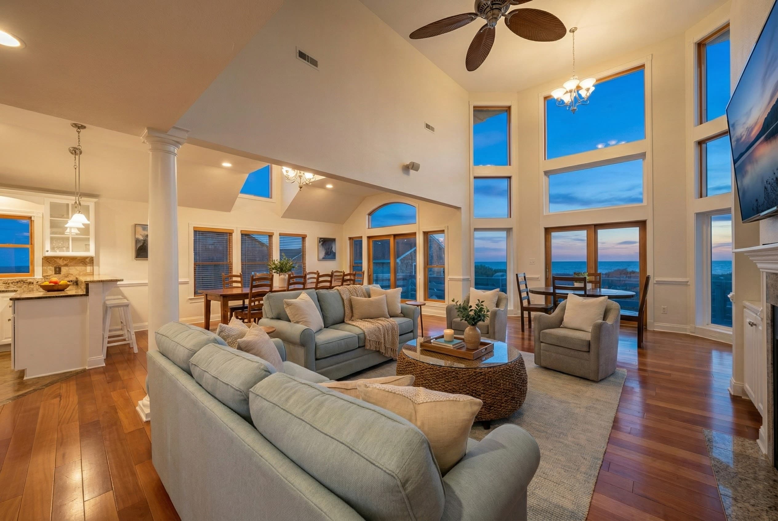 Open-Concept Living Space with Coastal Elegance — Plush Seating for the Whole Group | Angler's Retreat, Nags Head OBX