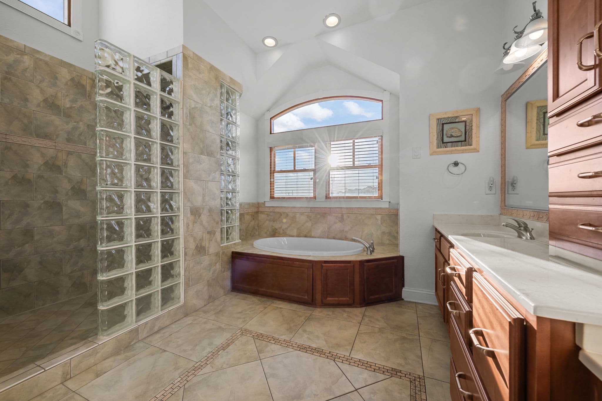 Master Ensuite Spa Bathroom — Soaking Tub, Walk-In Shower & Double Vanity | Angler's Retreat, Outer Banks