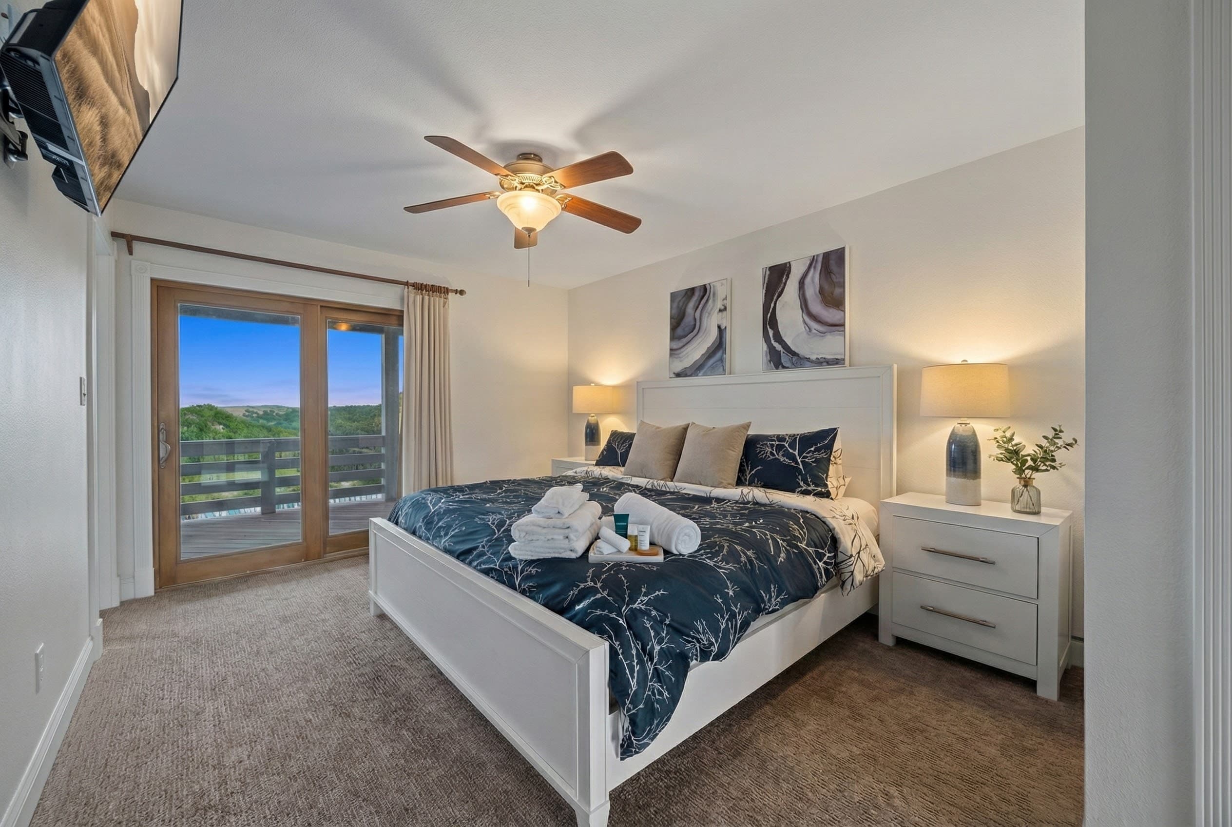 King Suite 4 — Coastal Blue Coral Bedding with Panoramic Windows | Angler's Retreat Oceanfront, Nags Head OBX