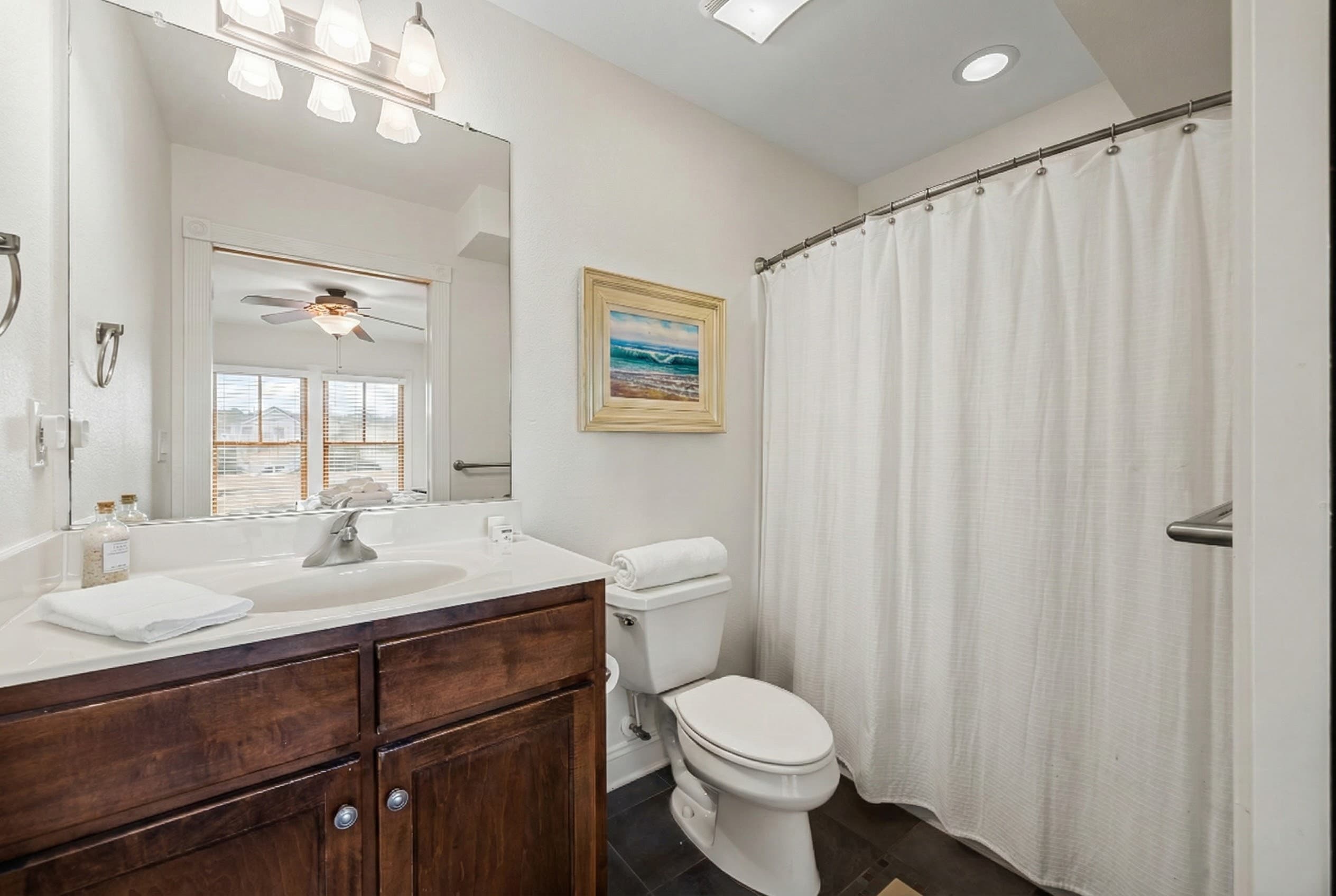 King Suite 7 Ensuite — Walk-In Shower with Earth Tone Tile | Angler's Retreat Oceanfront, Outer Banks