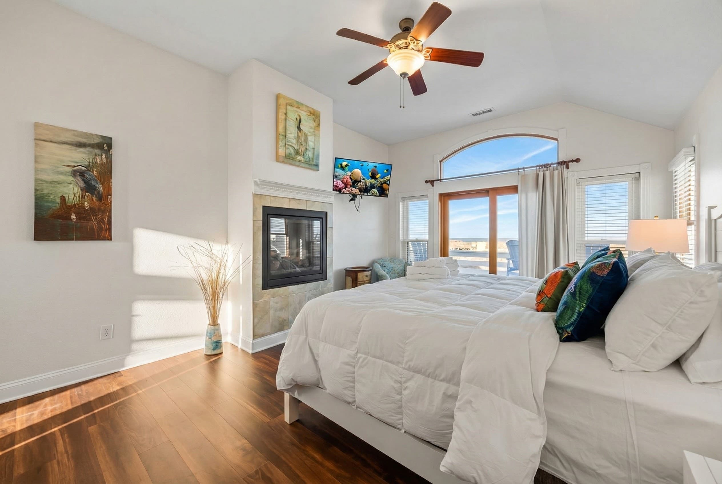 King Suite 1 — Luxurious Master Bedroom with Private Deck Access & Ocean Views | Angler's Retreat, Outer Banks