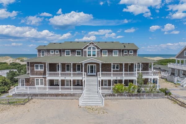 Stunning Aerial View of Fitzgerald & Hemingway — Two Luxury Oceanfront Homes on 6 Acres in Exclusive Corolla 4x4 Beach, Outer Banks NC