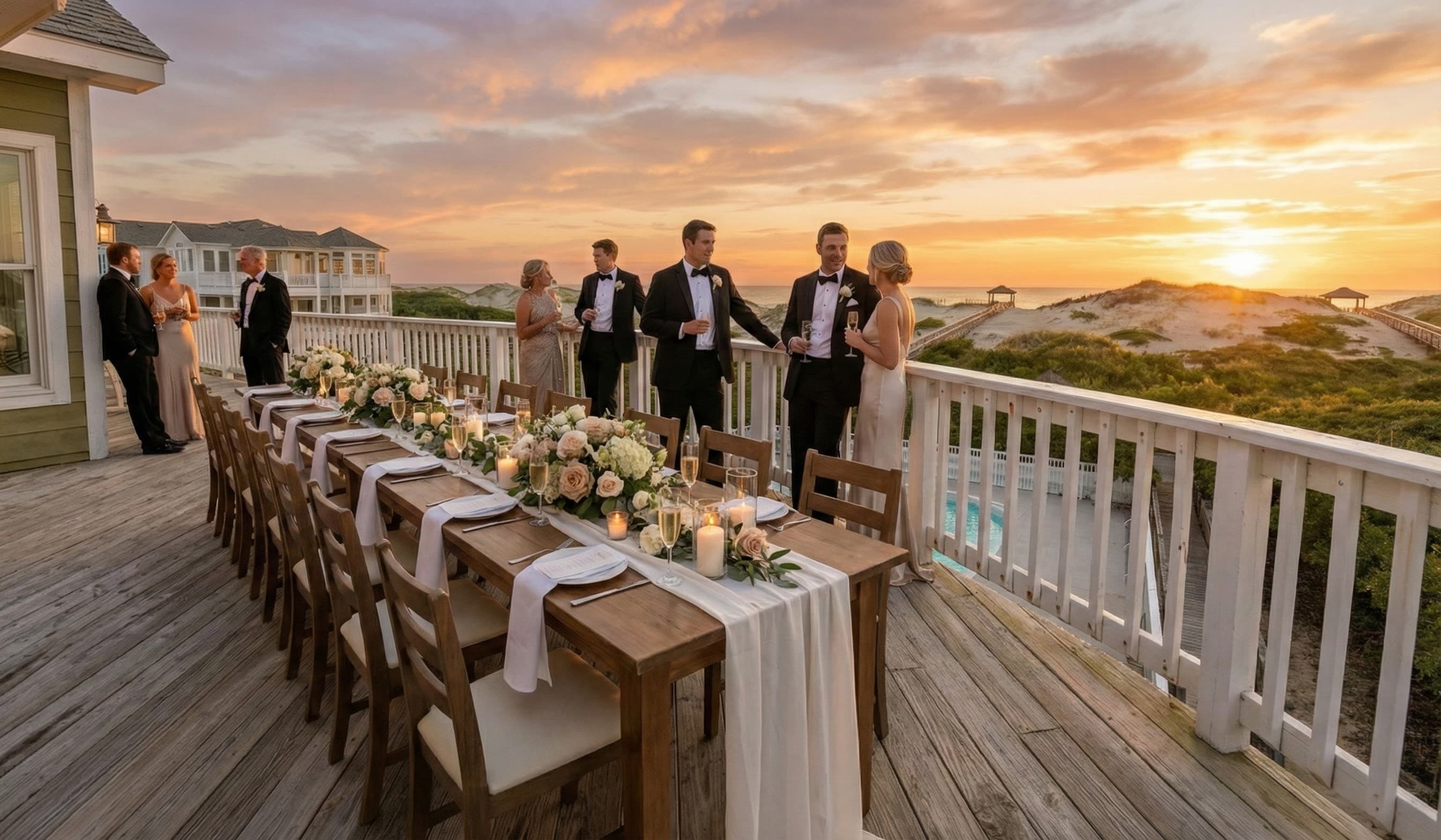 Elevated perspective of The Fitzgerald Estate at dusk — three stories of refined coastal architecture with wraparound decks and premium outdoor event spaces