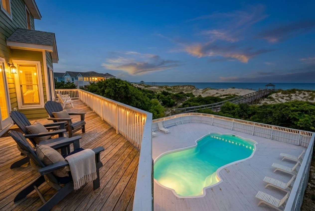Wraparound deck with Adirondack seating overlooking the private pool — premium outdoor relaxation with panoramic ocean views at every turn