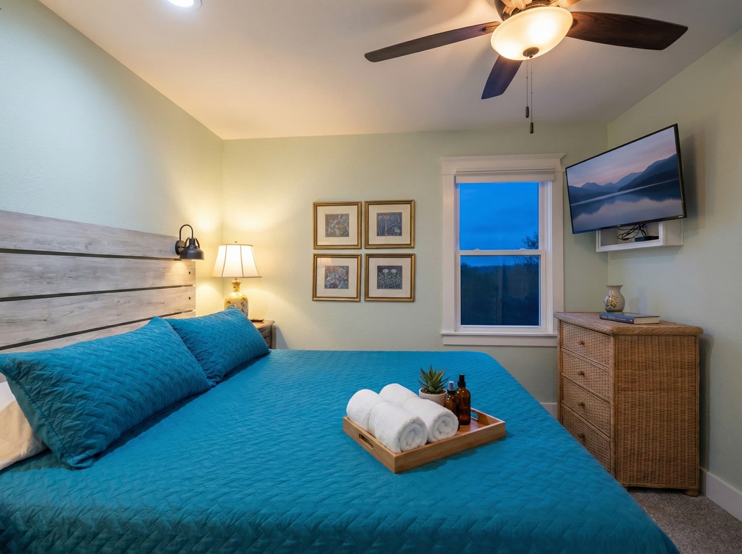King suite with deep teal palette — rich coastal tones and quality furnishings create an atmosphere of refined relaxation