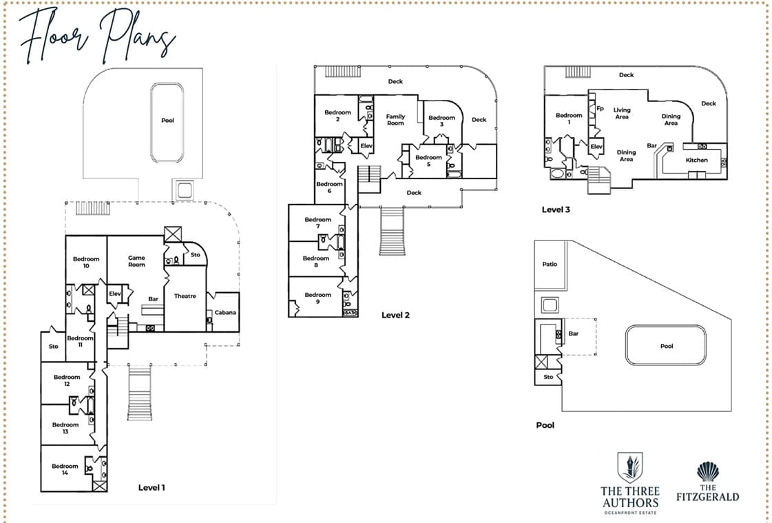 Estate floor plan — comprehensive layout showcasing 14 bedrooms, multiple living areas, and three levels of luxury space
