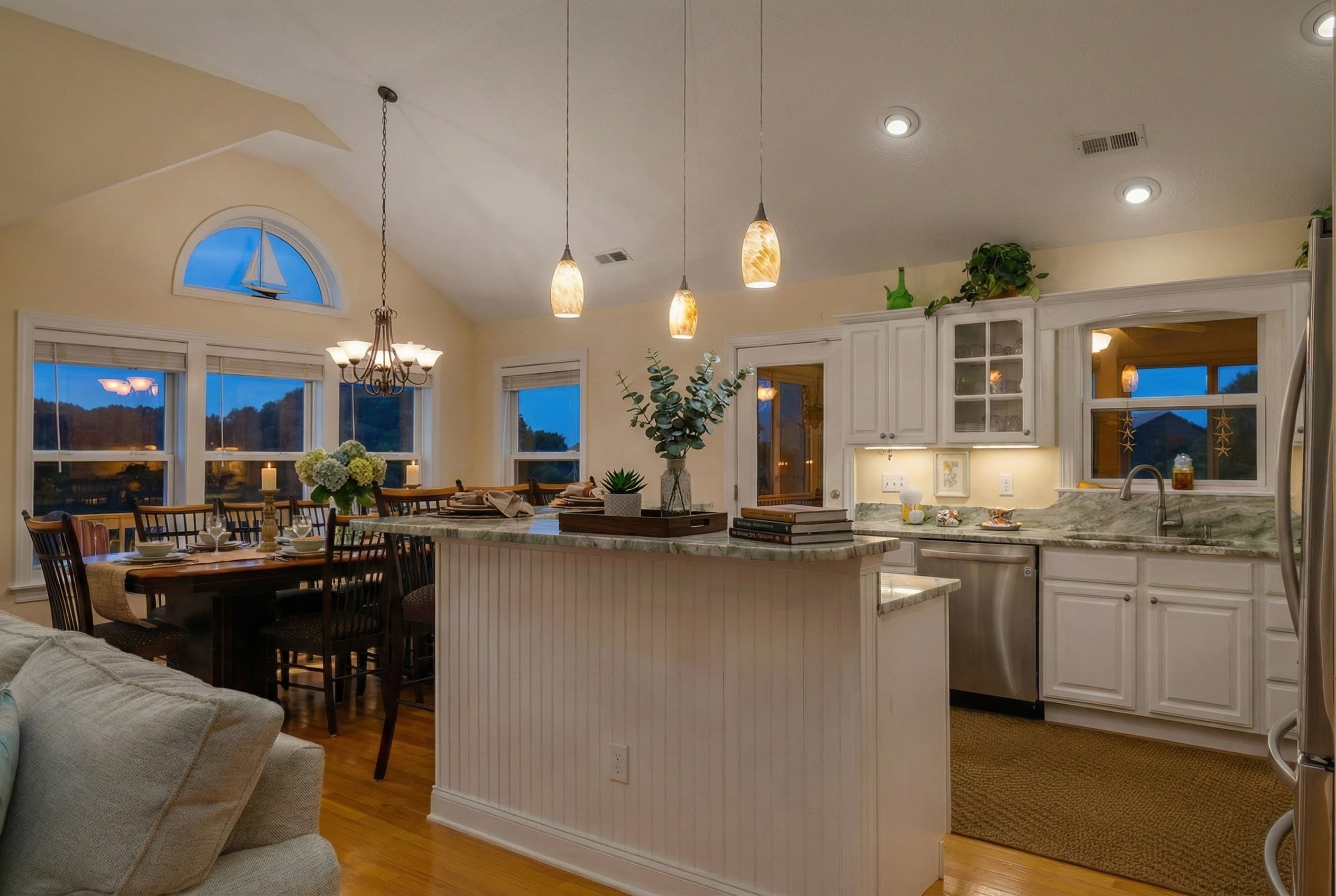 Open-Concept Dining & Living on the Top Level — Vaulted Ceilings & Water Views | Soundside Pearl, OBX