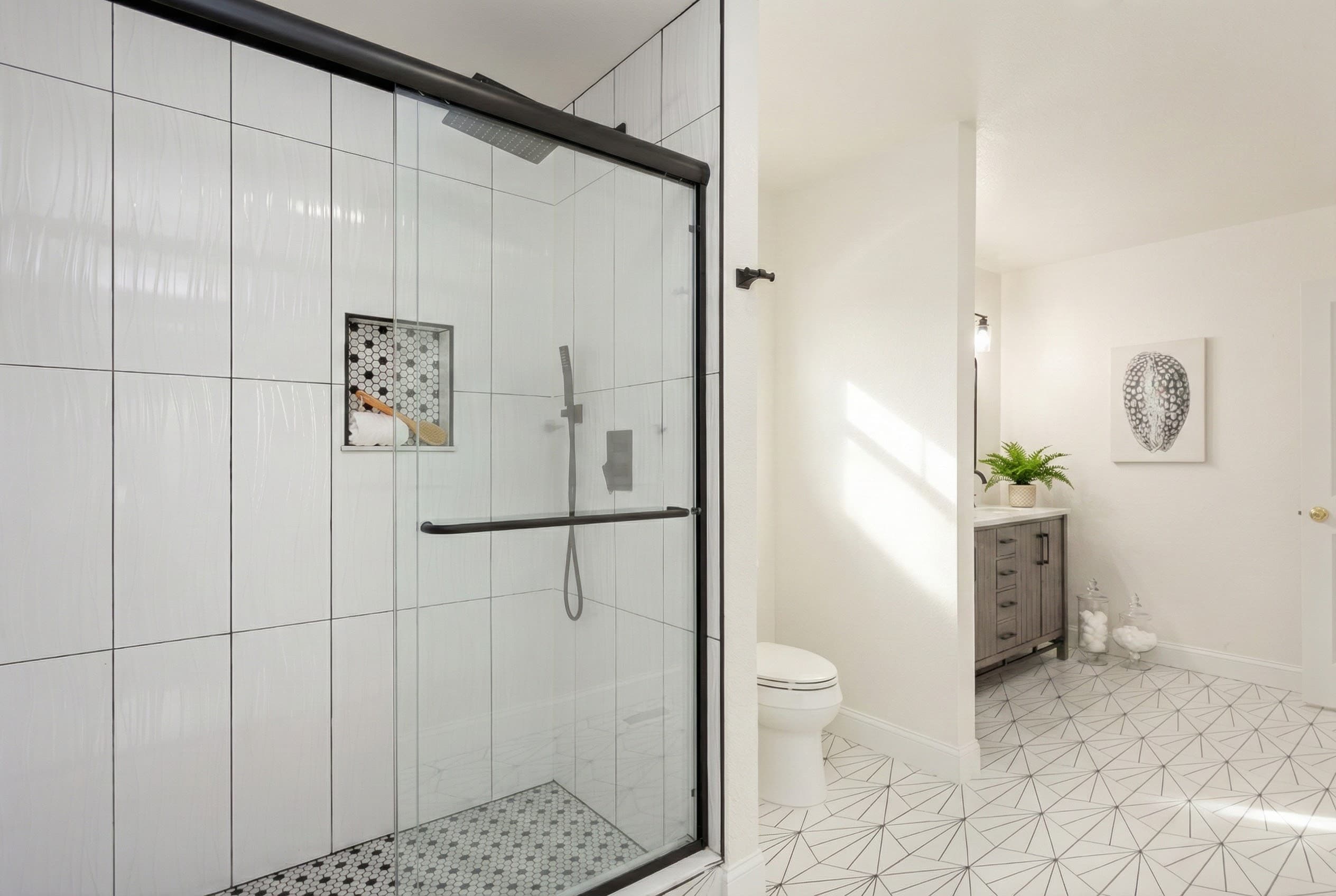 Bath 4 — Spa-Inspired Walk-In Shower with Elegant Finishes | Soundside Pearl, Duck OBX