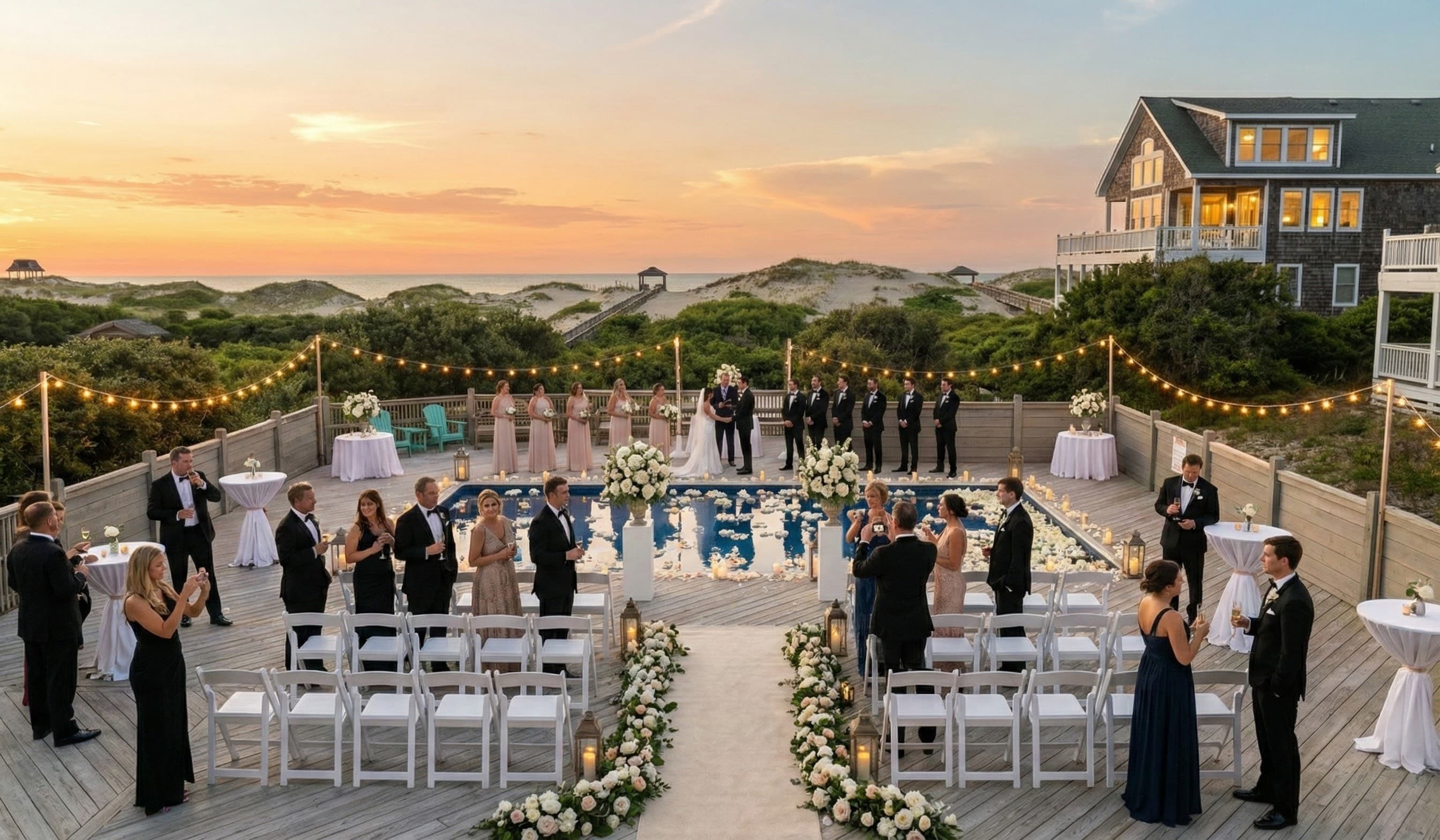 Elegant Wedding Reception on the Upper Deck Overlooking the Atlantic at Sunset — Event-Friendly Oceanfront Venue | The Mark Twain, Outer Banks