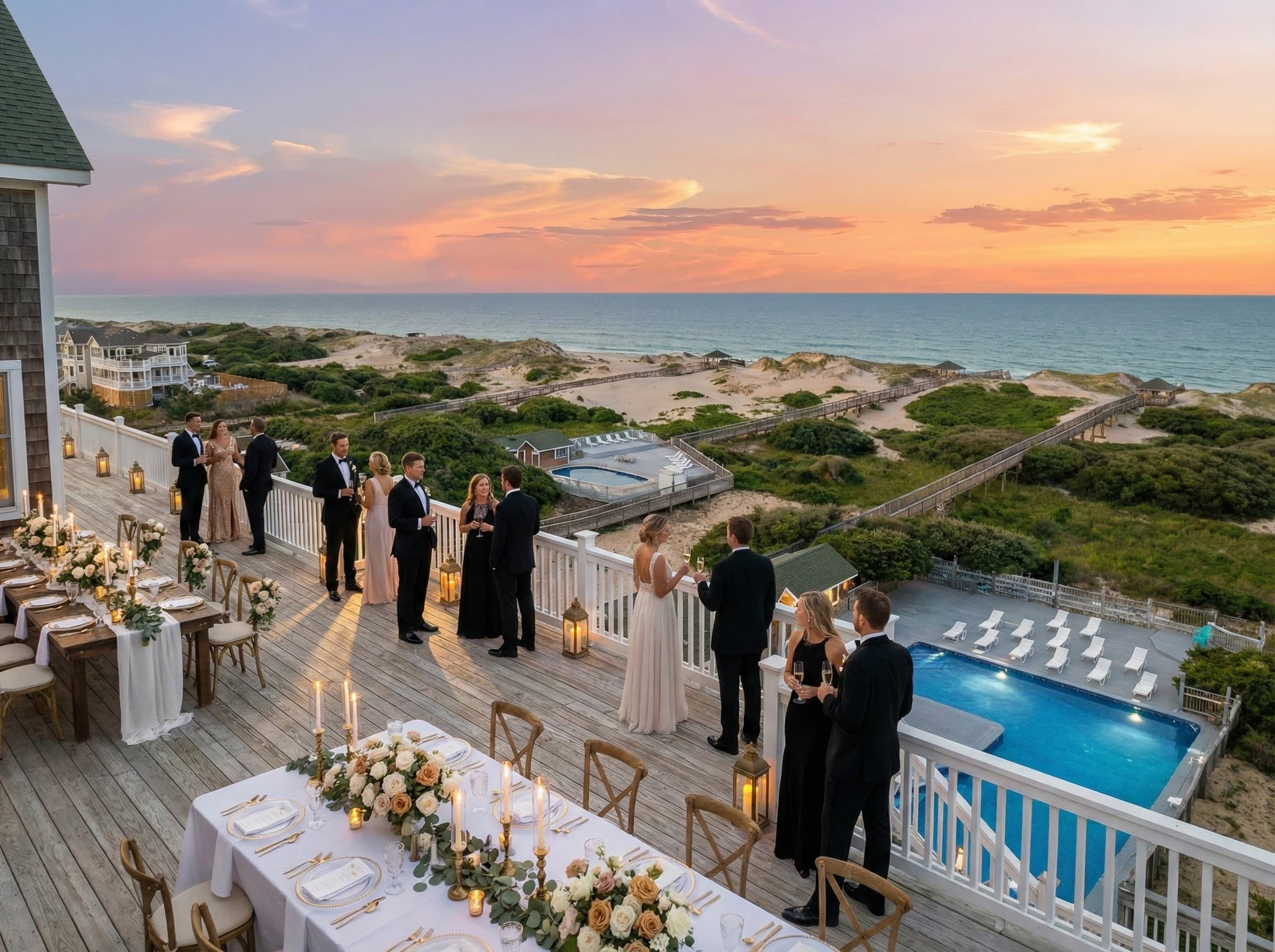 Romantic Oceanfront Wedding Ceremony Setup on Pool Deck with Sand Dune Backdrop — No Event Fees | The Mark Twain Wedding Venue, Outer Banks
