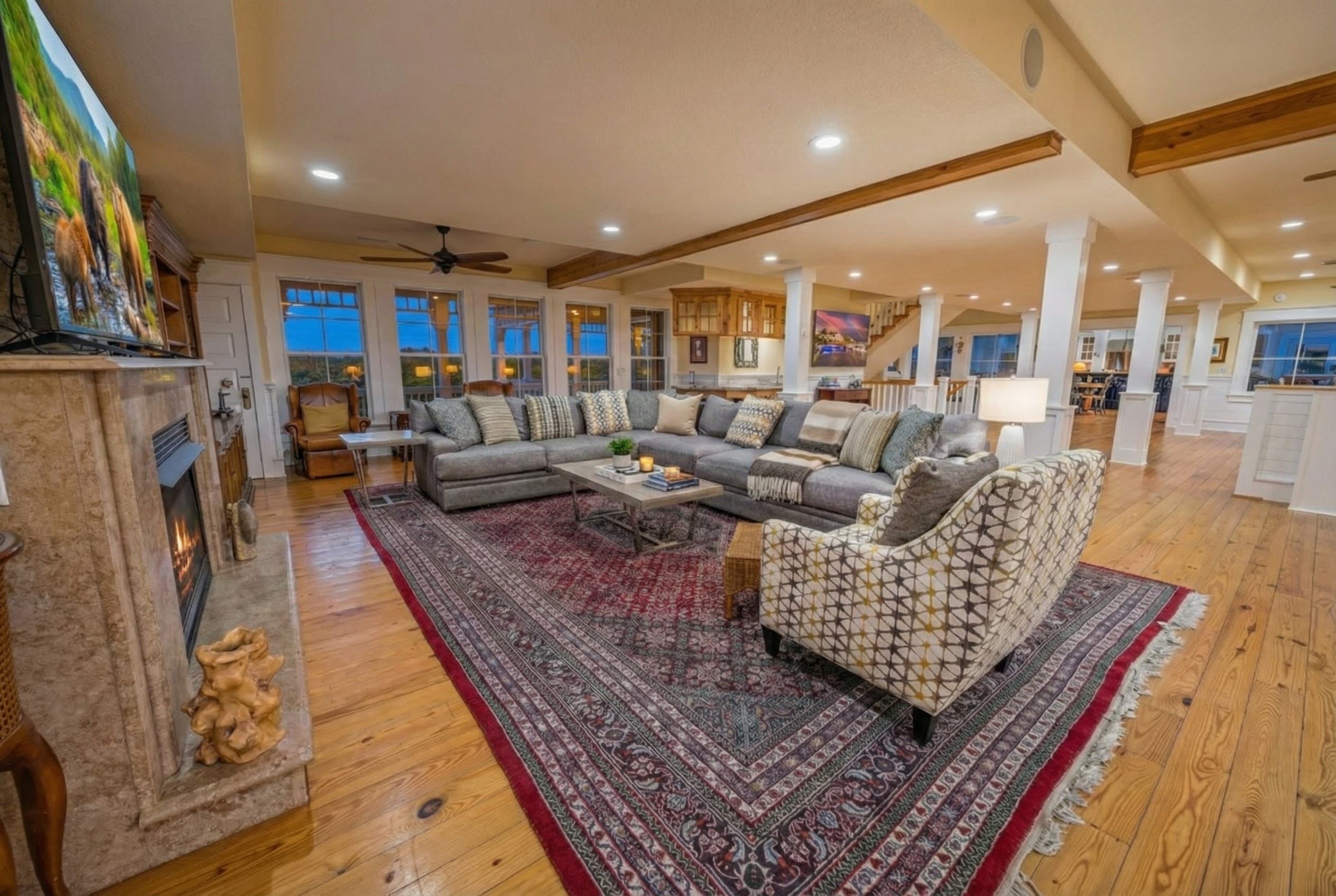 Grand Oceanfront Living Room with Cathedral Ceilings, Grand Piano & Ocean Views — Luxury Seating for 50+ Guests | The Mark Twain Estate, Outer Banks