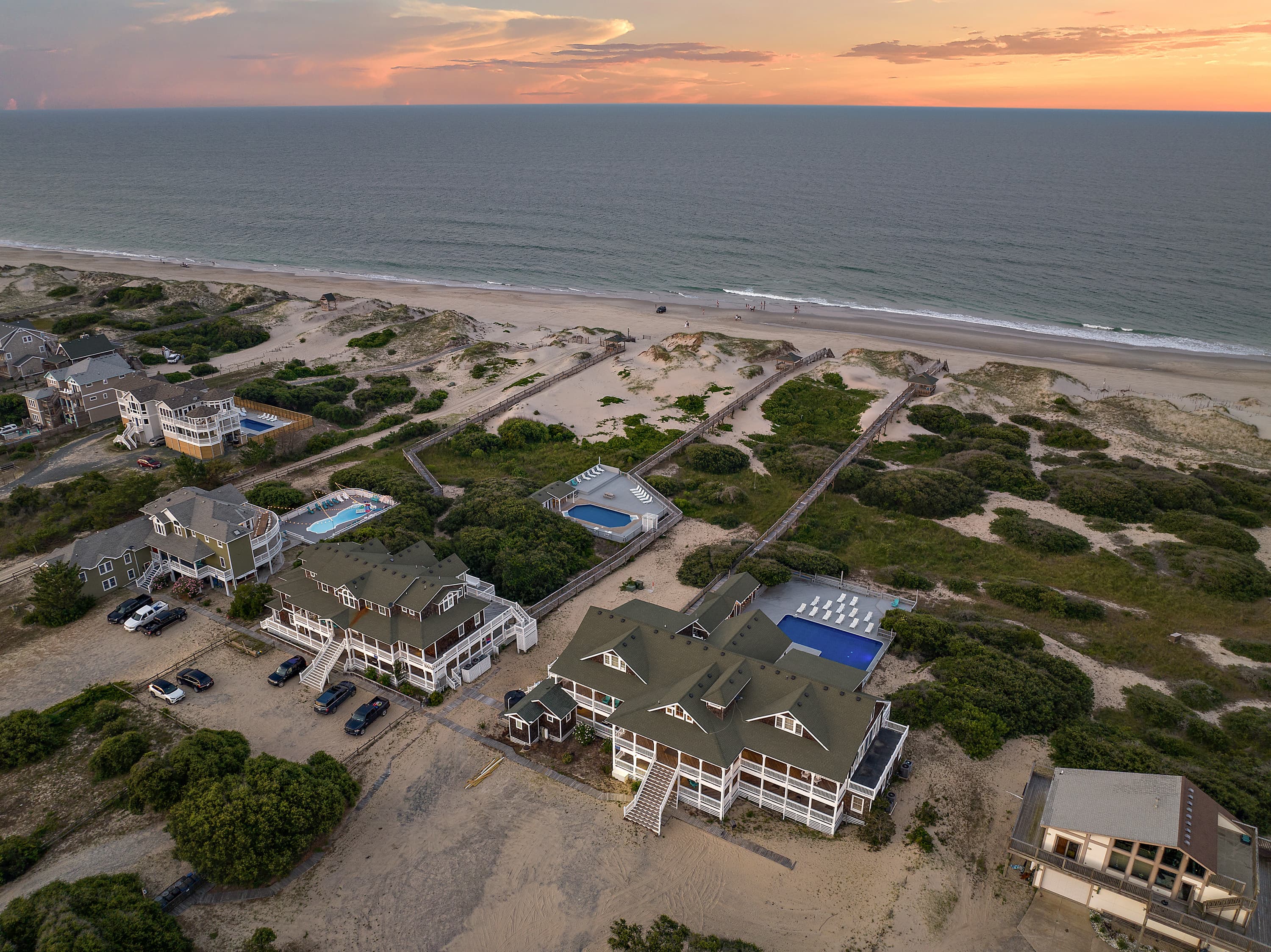 Aerial View of The Mark Twain Estate & Surrounding Corolla Beachfront — Secluded Luxury on the 4x4 Beach | Outer Banks Vacation Rental