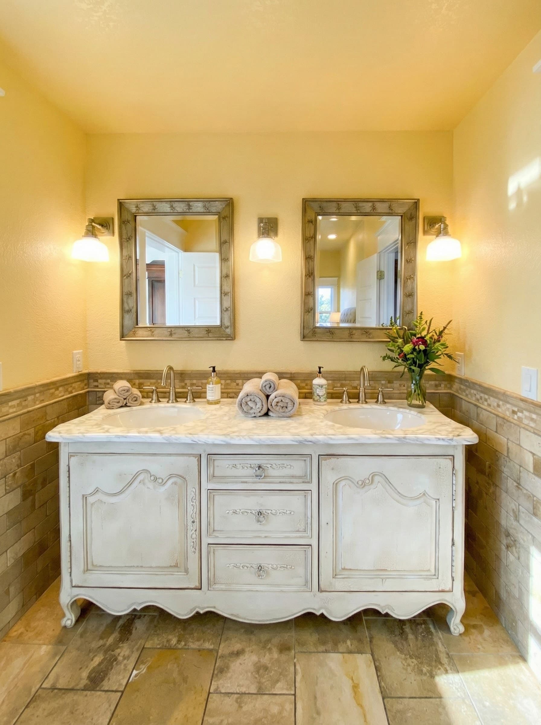 Elegant Bathroom Vanity with Dual Sinks & Mirror — One of 17 Bathrooms at The Mark Twain | Oceanfront Estate, Corolla, Outer Banks