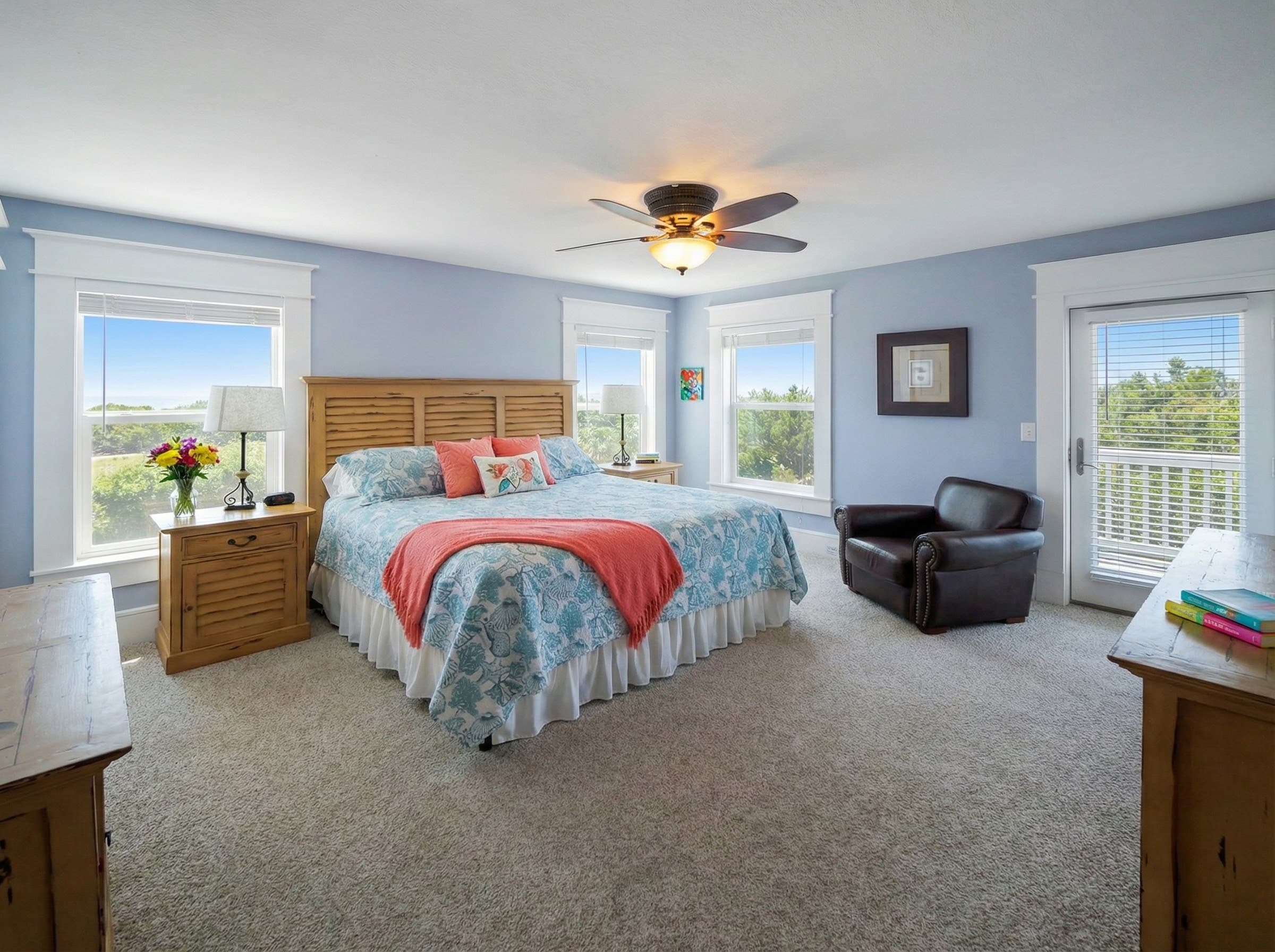 Bedroom 5 — Coastal King Suite with Ceiling Fan & Serene Design | The Mark Twain 18-Bedroom Estate, Outer Banks