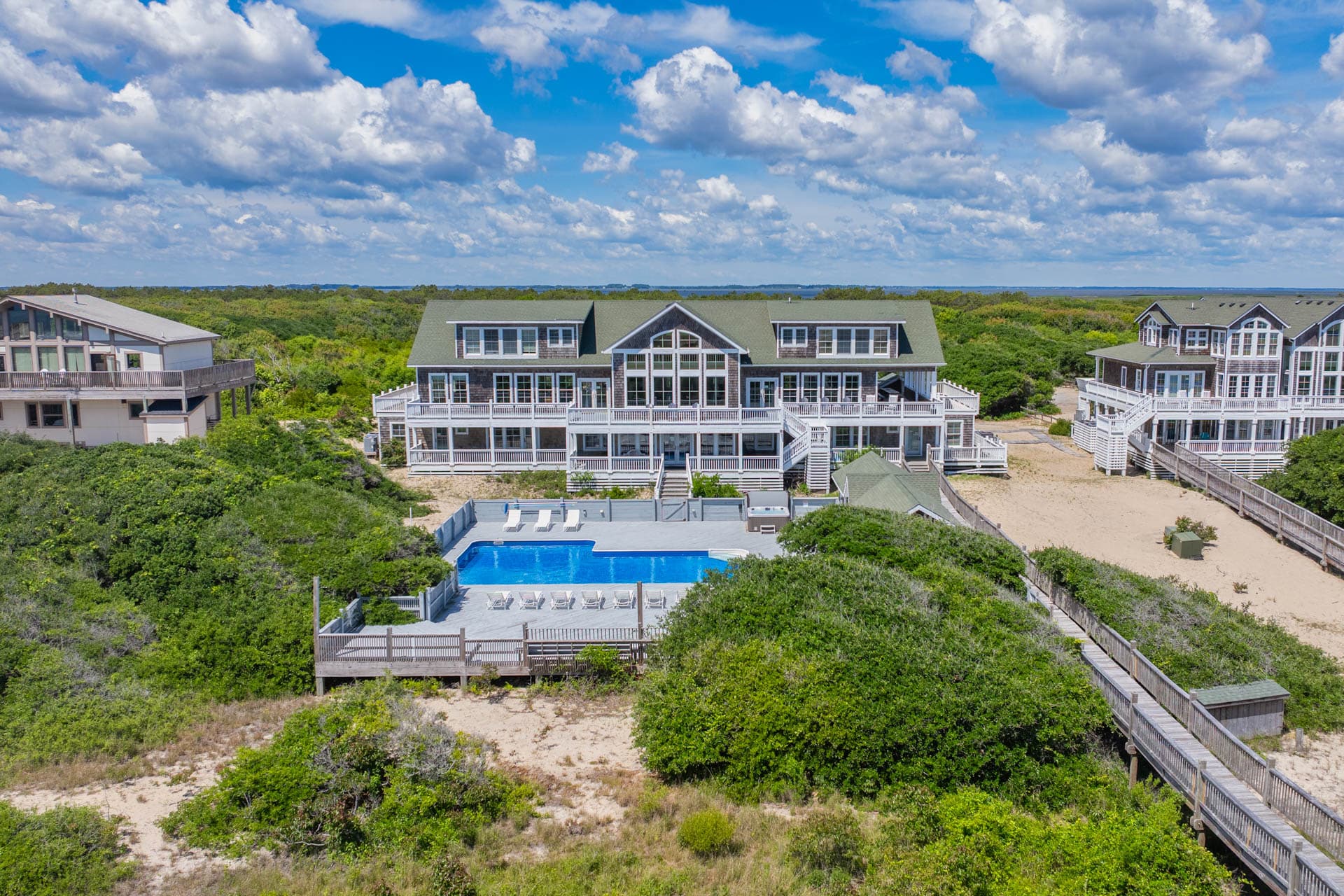 Aerial View of The Mark Twain's Private Pool & Oceanfront Setting — Surrounded by Natural Dunes on 3 Acres | Corolla, Outer Banks