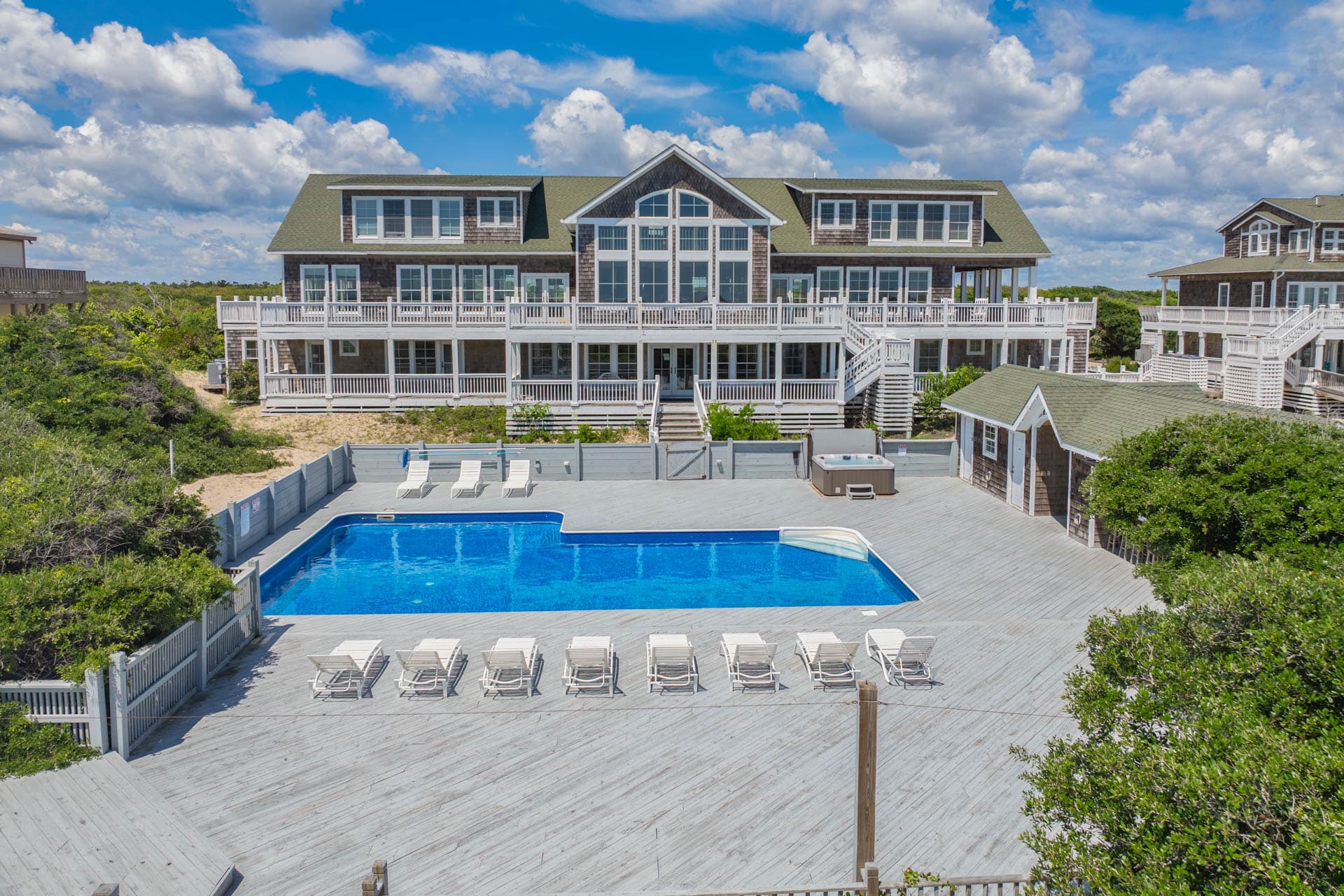 Aerial View Showing The Mark Twain's Private Pool, Decks & Oceanfront Position — 3 Acres of Beachfront Privacy | Outer Banks
