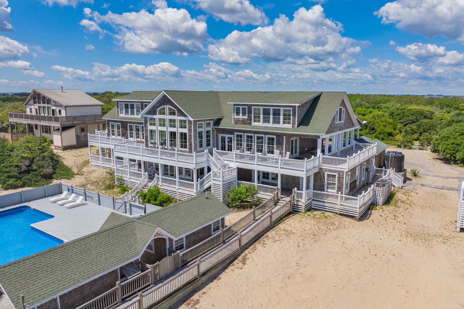 Aerial View of The Mark Twain & Surrounding Oceanfront Landscape — Secluded 4x4 Beach Location | Corolla, Outer Banks Luxury Rental