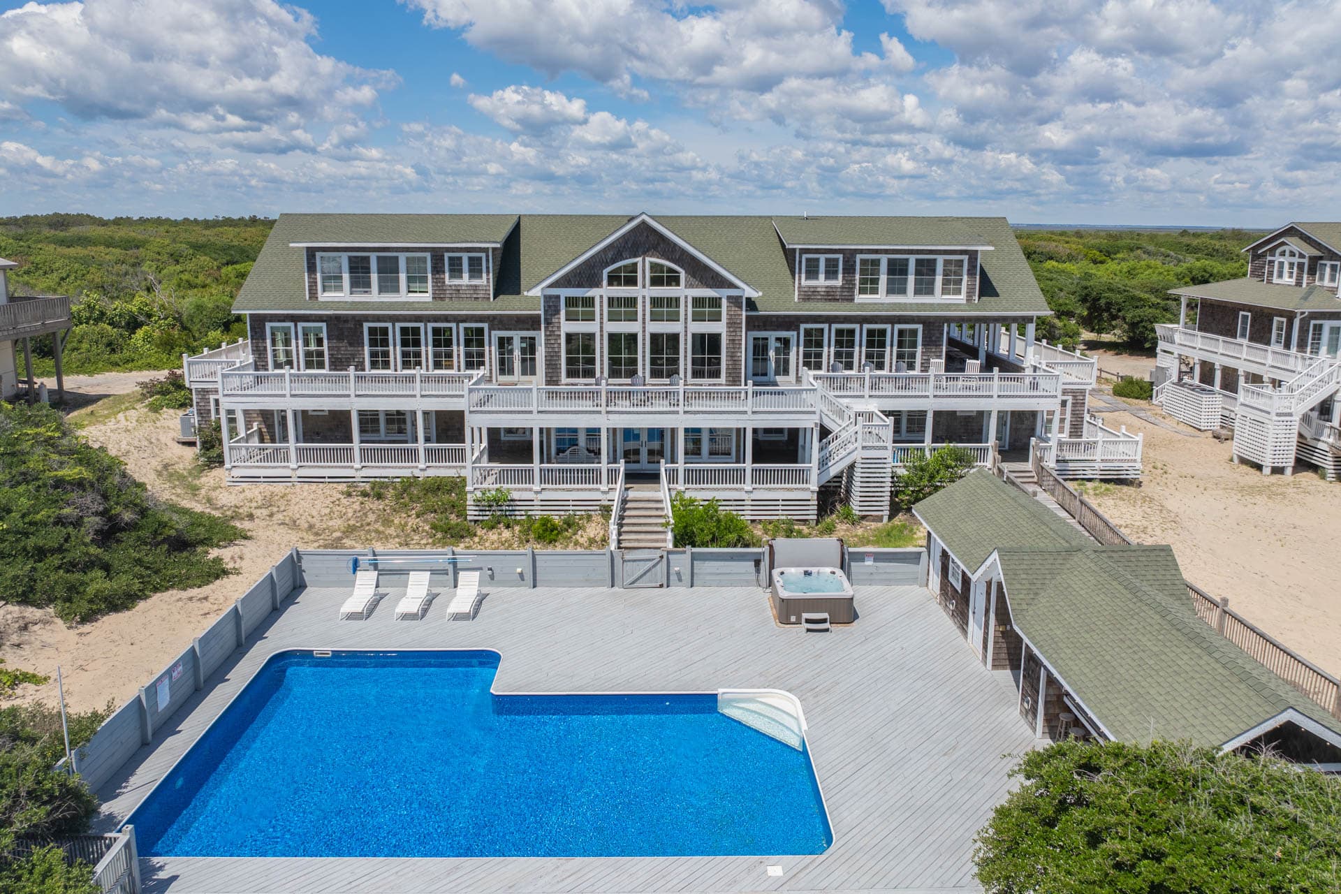 The Mark Twain Estate Street View — Grand Entrance with 10-Car Parking & Keyless Entry | Luxury Oceanfront Vacation Home, Outer Banks