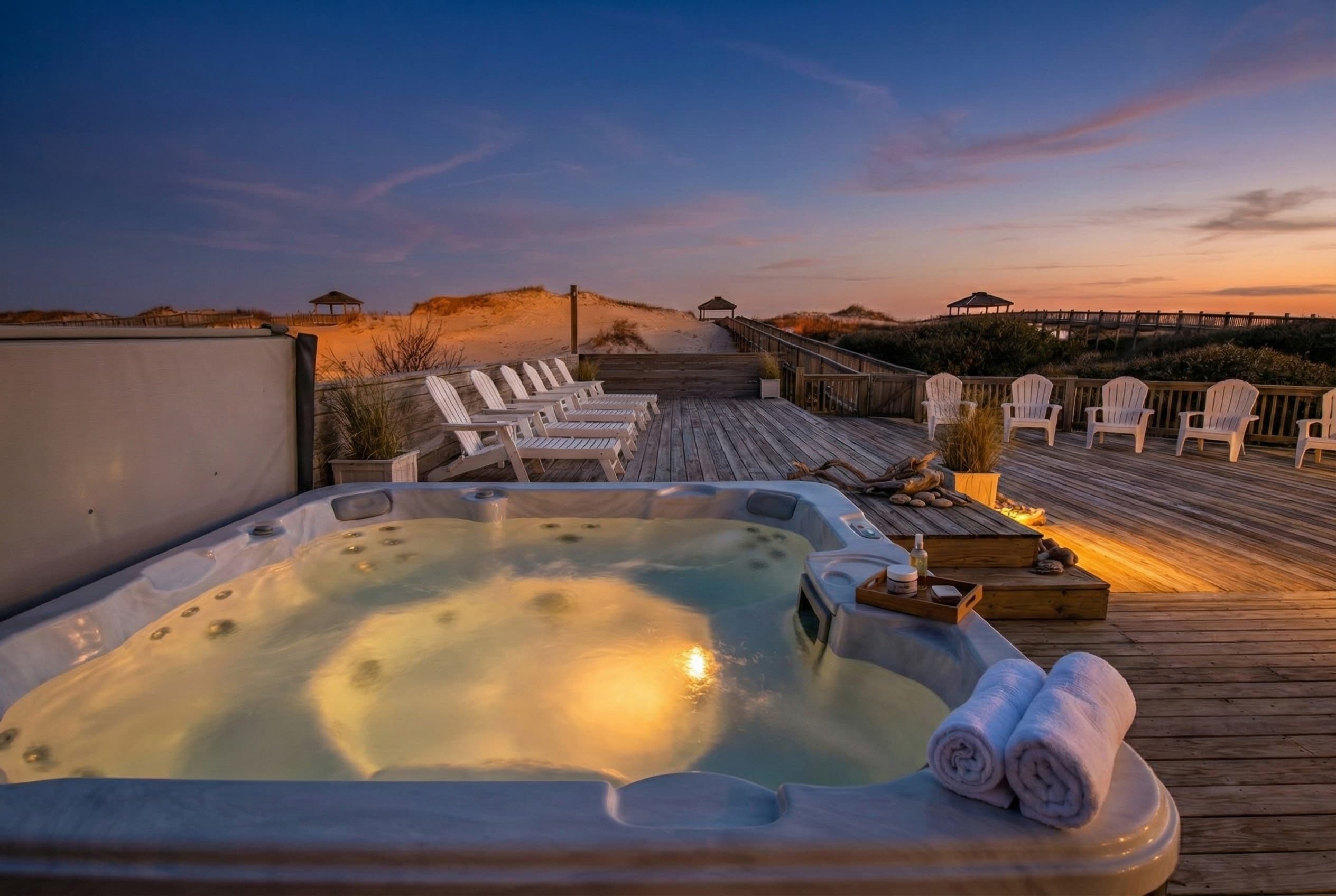 Oceanfront Hot Tub on Expansive Wooden Deck — Soak Under the Stars After a Beach Day | Private Deck with Ocean Views, Outer Banks