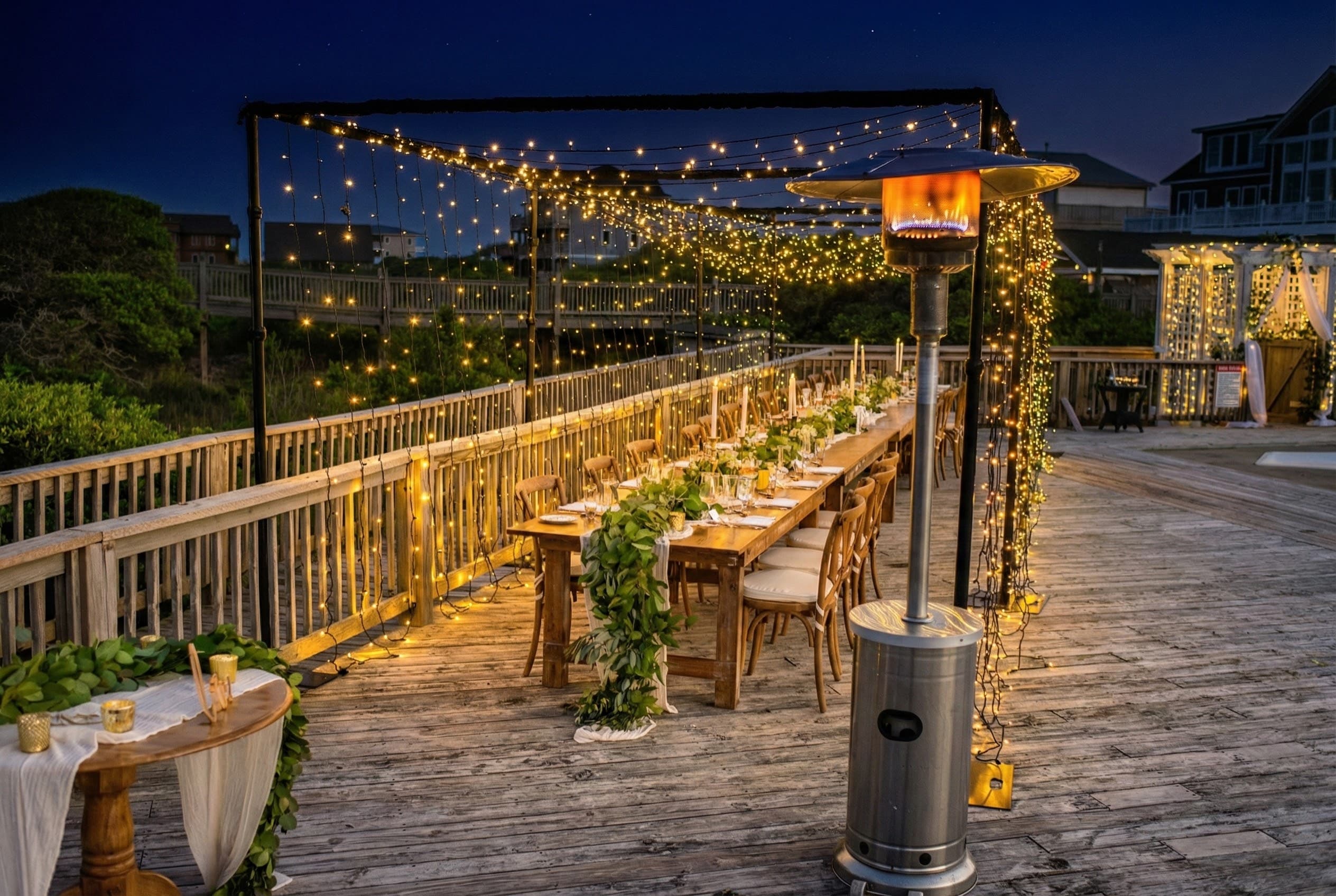 Outdoor Deck Set for Rehearsal Dinners & Receptions — String Lights, Patio Heaters & Ocean Breeze | Wedding-Friendly Venue, Outer Banks