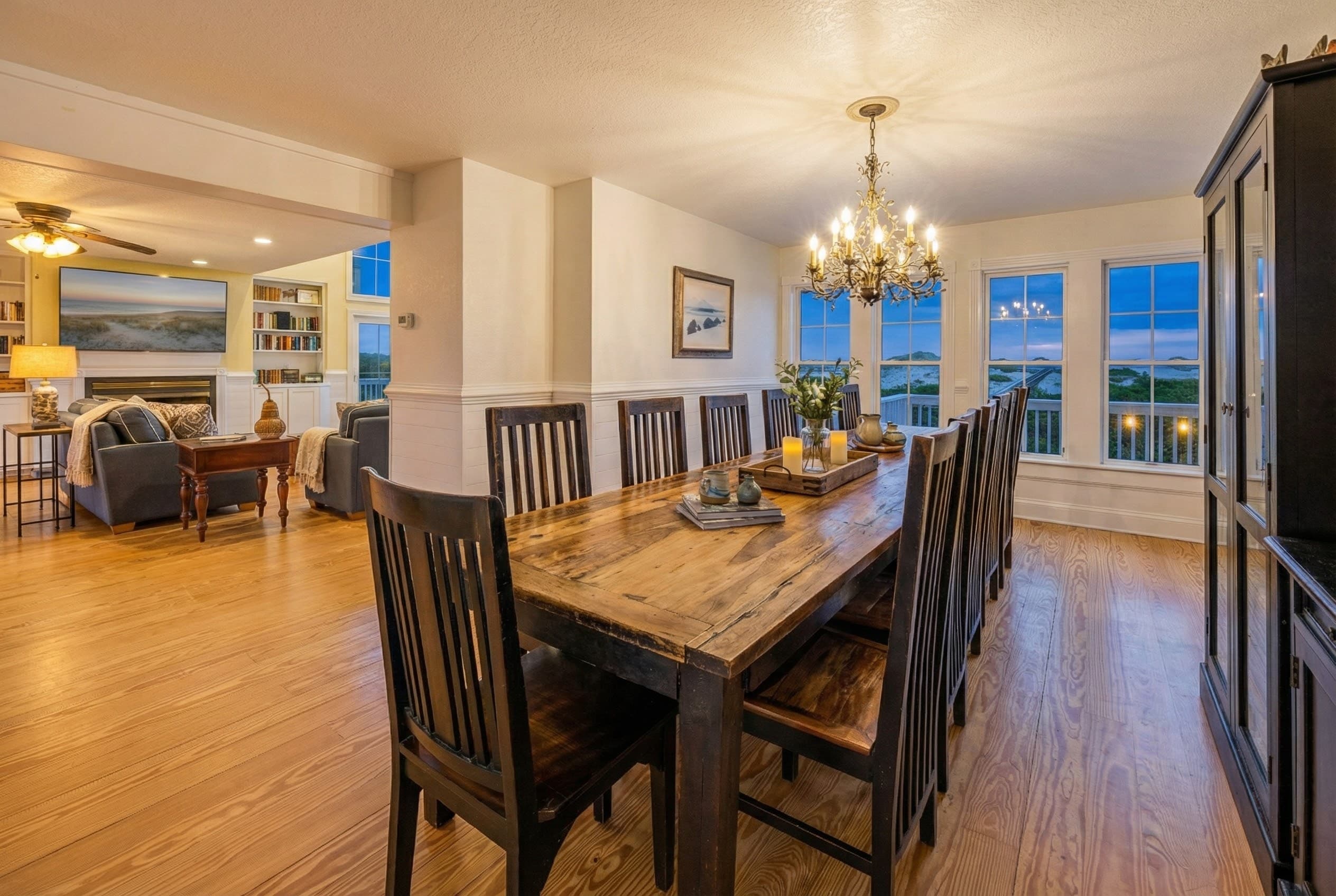 Spacious Farmhouse Dining Area with Coastal Views — Seats Large Groups Comfortably | Perfect for Celebrations & Holiday Gatherings at The Hemingway