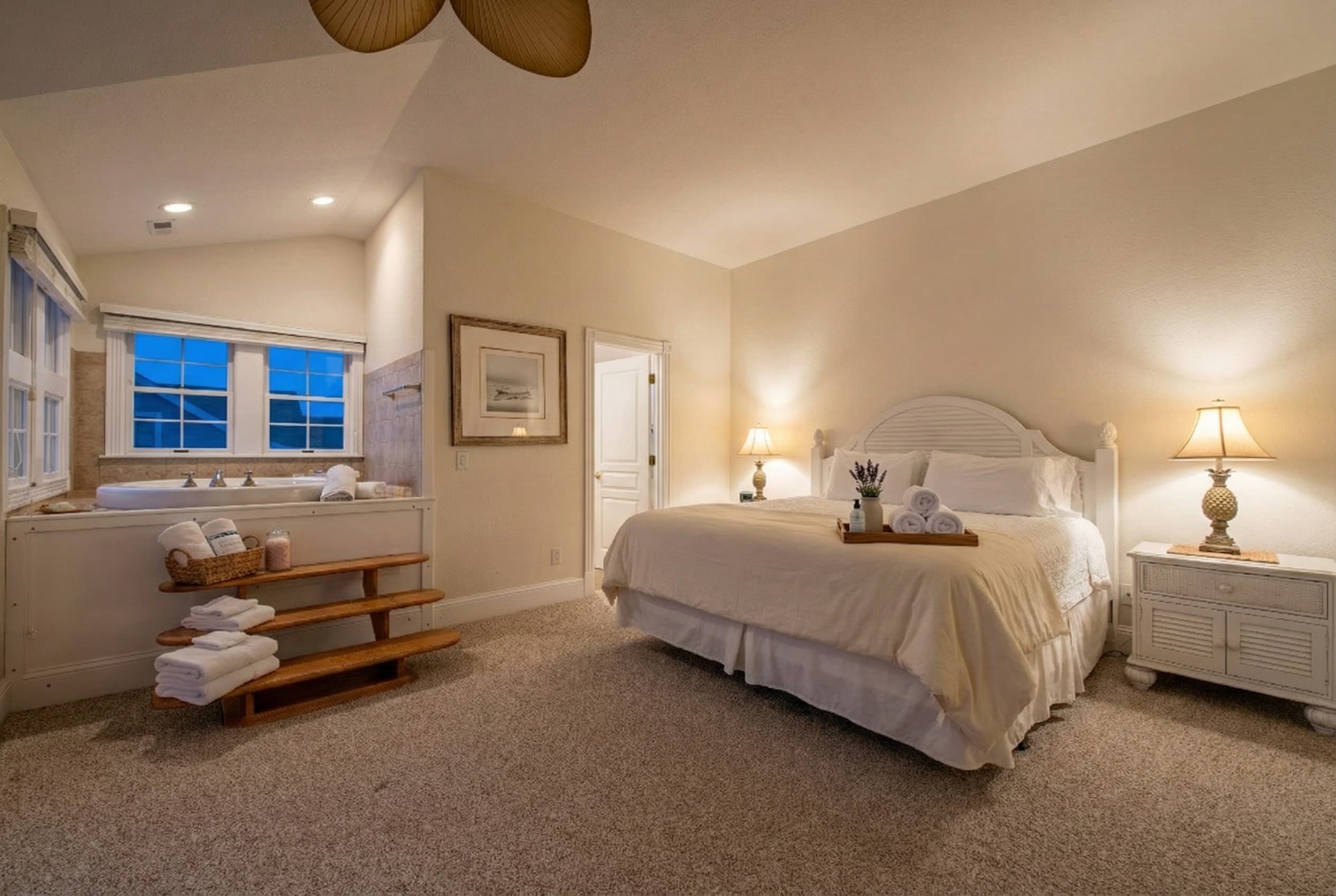 Luxury King Master Bedroom with Ocean Views, Smart TV & Designer Linens — Elegant Coastal Décor & Blackout Curtains | The Hemingway, Outer Banks