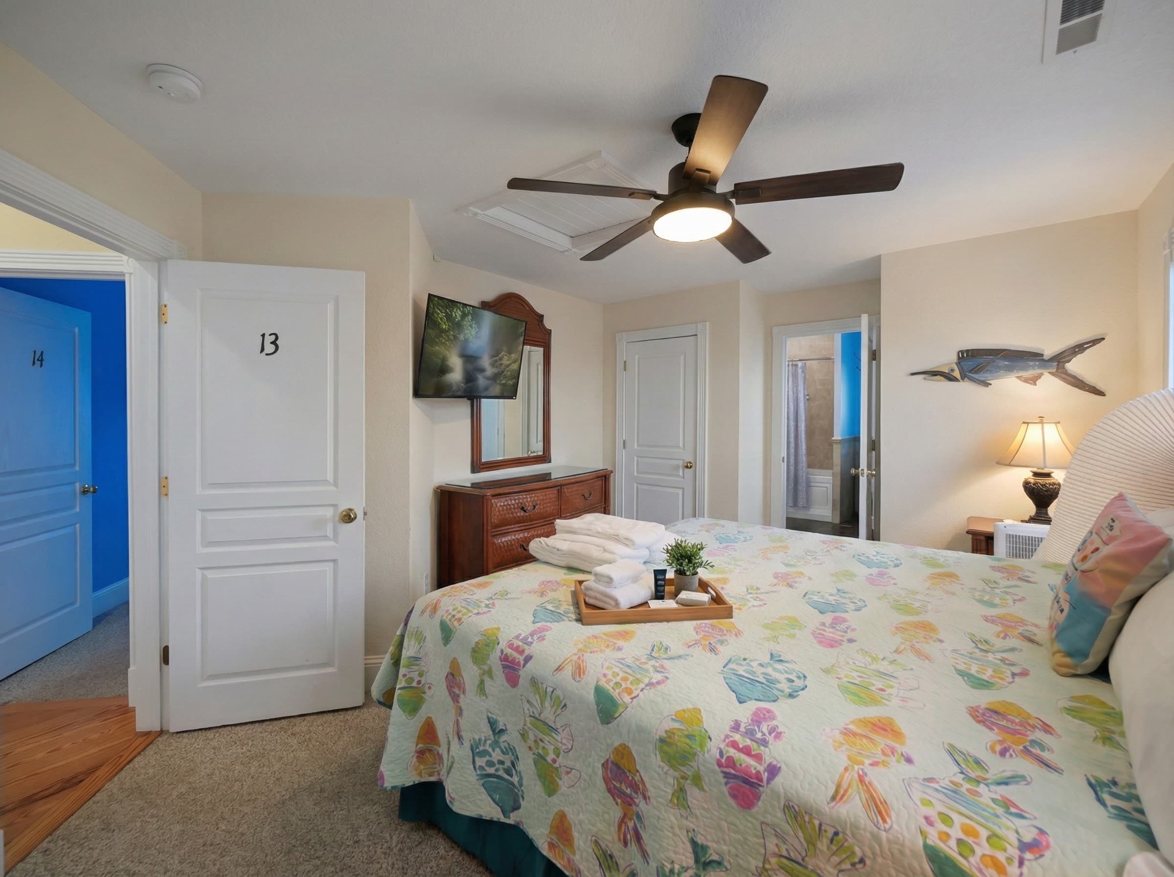 Bedroom 4 — Charming King Suite with Blue Accent Décor & Ocean Views | The Hemingway Luxury Vacation Rental, Outer Banks