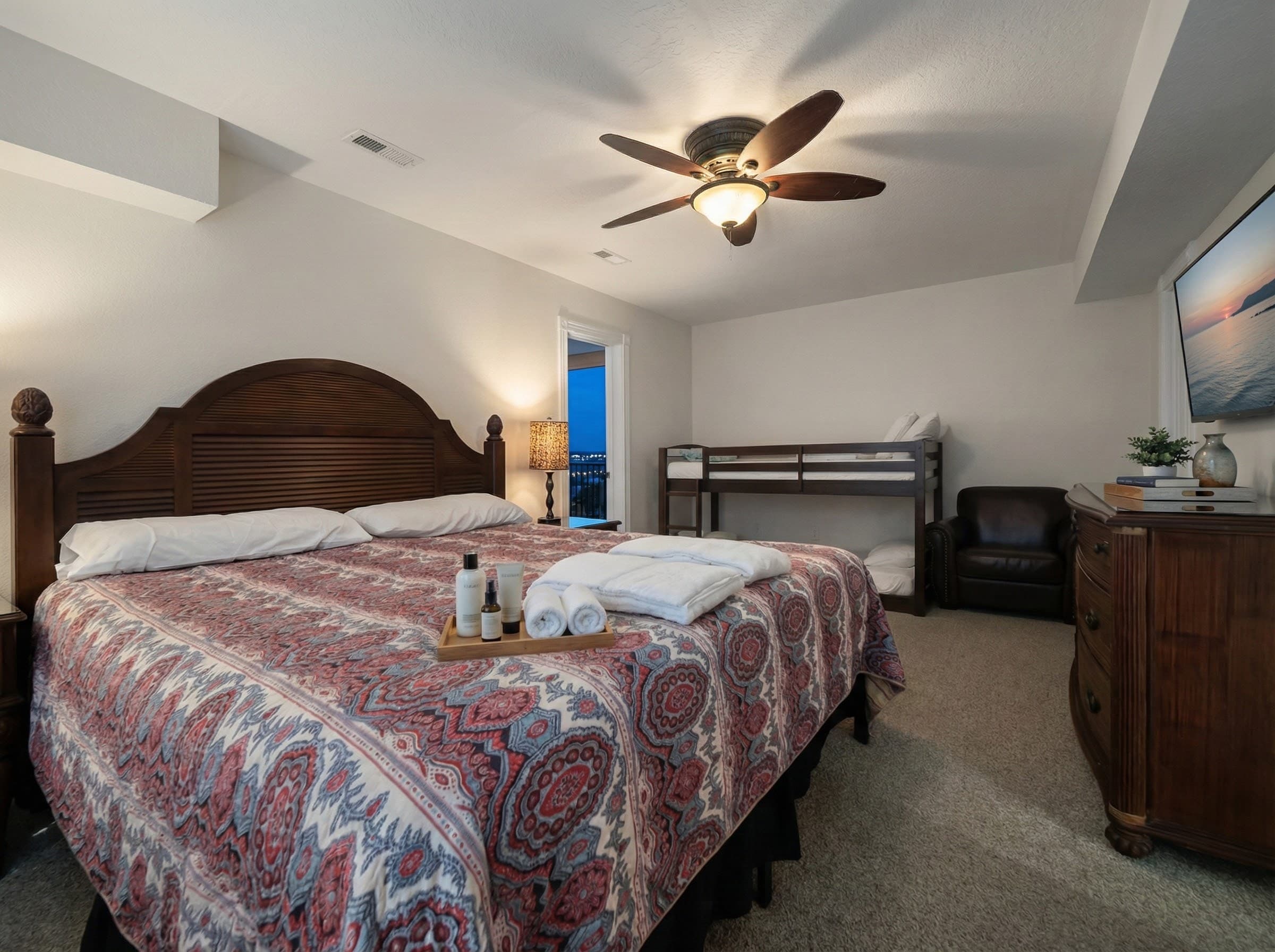 Bedroom 14 — Ground-Level King Suite with Private Bath & Sunset Views | Step-Free Access at The Hemingway, Outer Banks