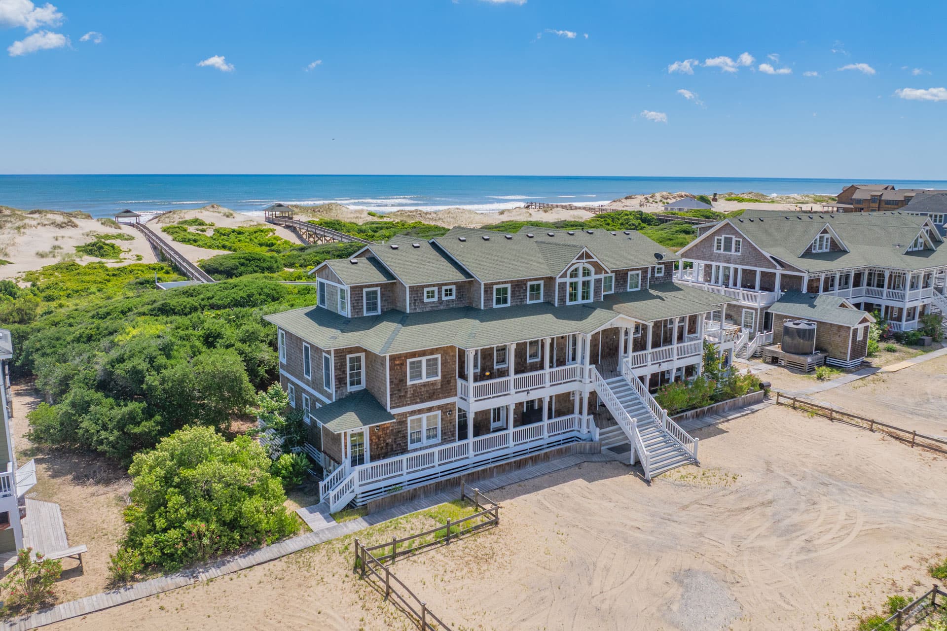 Aerial Oceanfront View of The Hemingway Estate — Beachfront on 3 Private Acres in Corolla, Outer Banks | Direct Beach Access & Oceanfront Pool