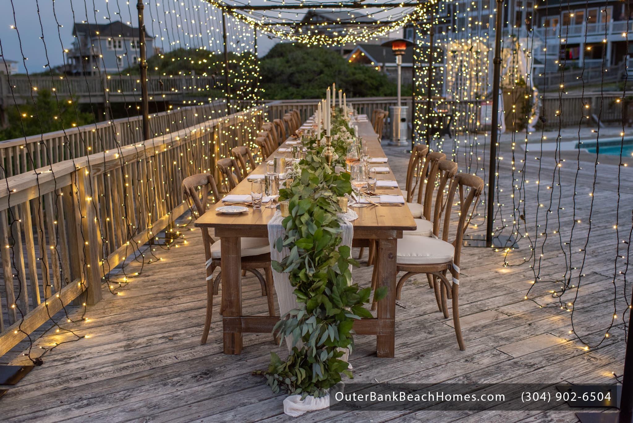 Magical Evening Reception Setup on The Hemingway's Oceanfront Deck — Perfect for Destination Weddings & Special Celebrations | Outer Banks