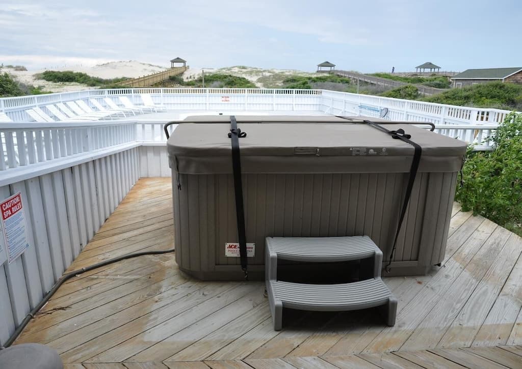 Private Estate — Hot Tub at The Fitzgerald, Evening Wind-Down After Rehearsal Dinners, Oceanfront Corolla OBX