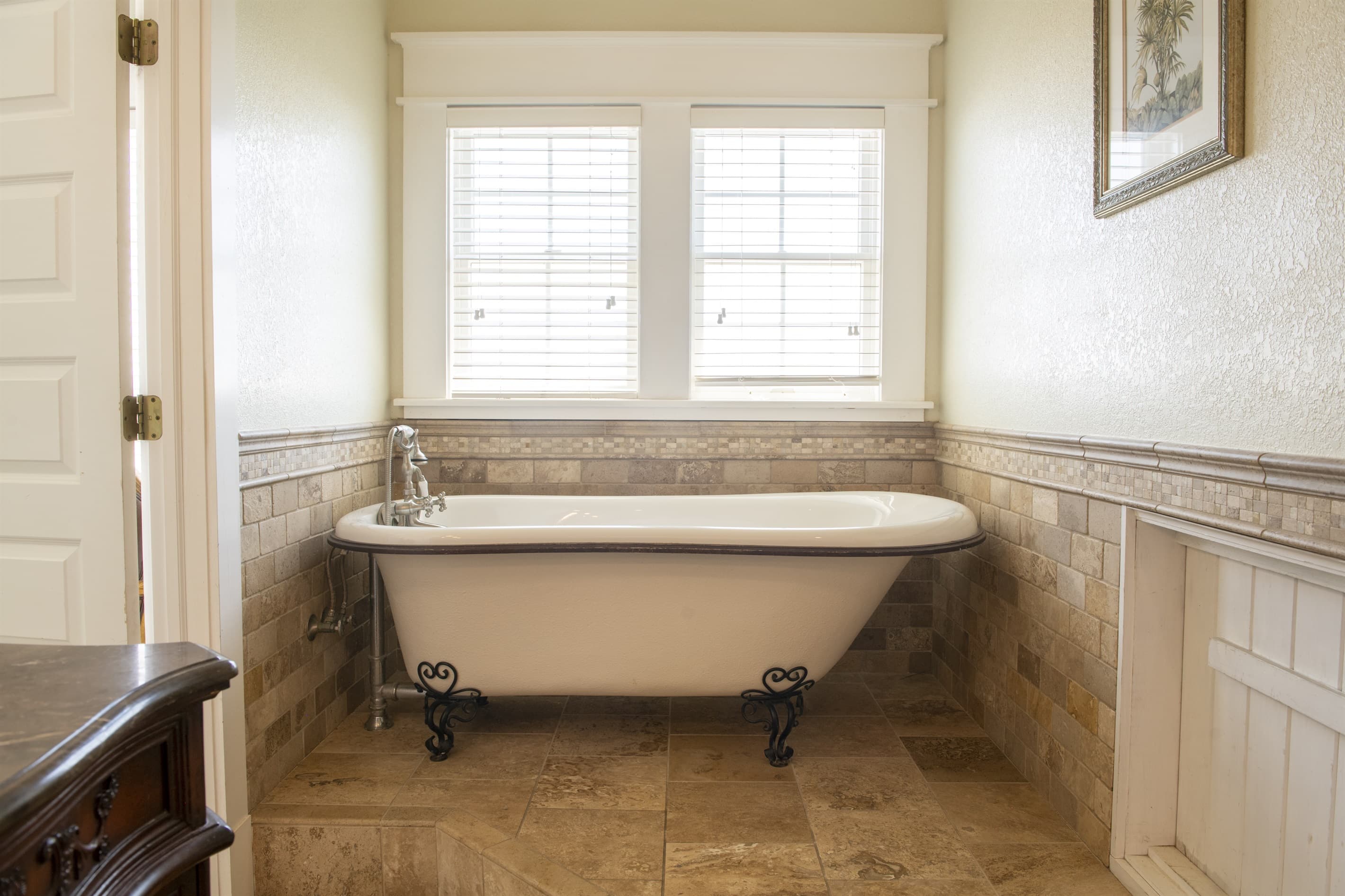 Bridal Suite Bathroom — Spa-Inspired Clawfoot Soaking Tub, Ideal for Pre-Ceremony Pampering | Luxury Ensuite in The Fitzgerald at The Three Authors Estate