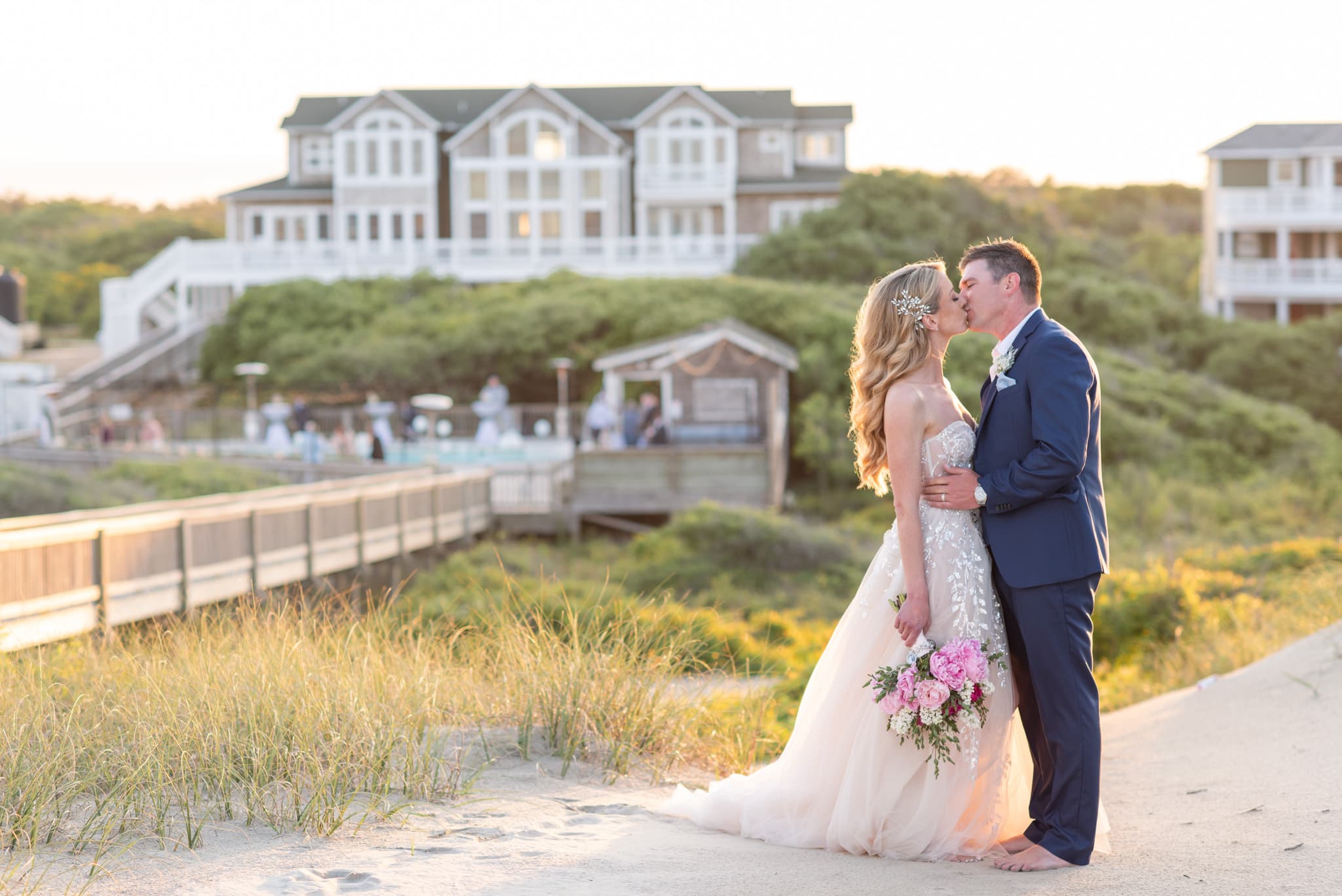 Wedding Reception — Elegant Outdoor Dining with Ocean Views & String Lights | Three Authors Venue, OBX