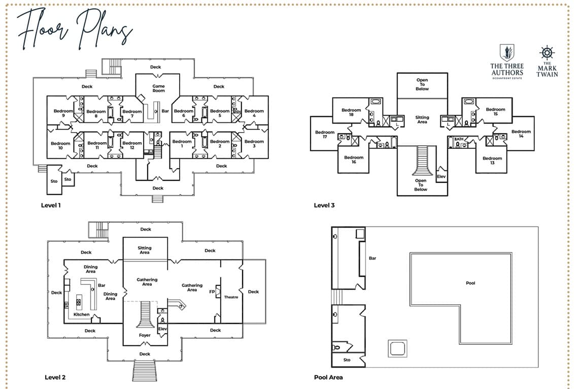 Event Venue OBX — Floor Plan, The Hemingway 14BR & 14BA | Three Authors Estate, Corolla