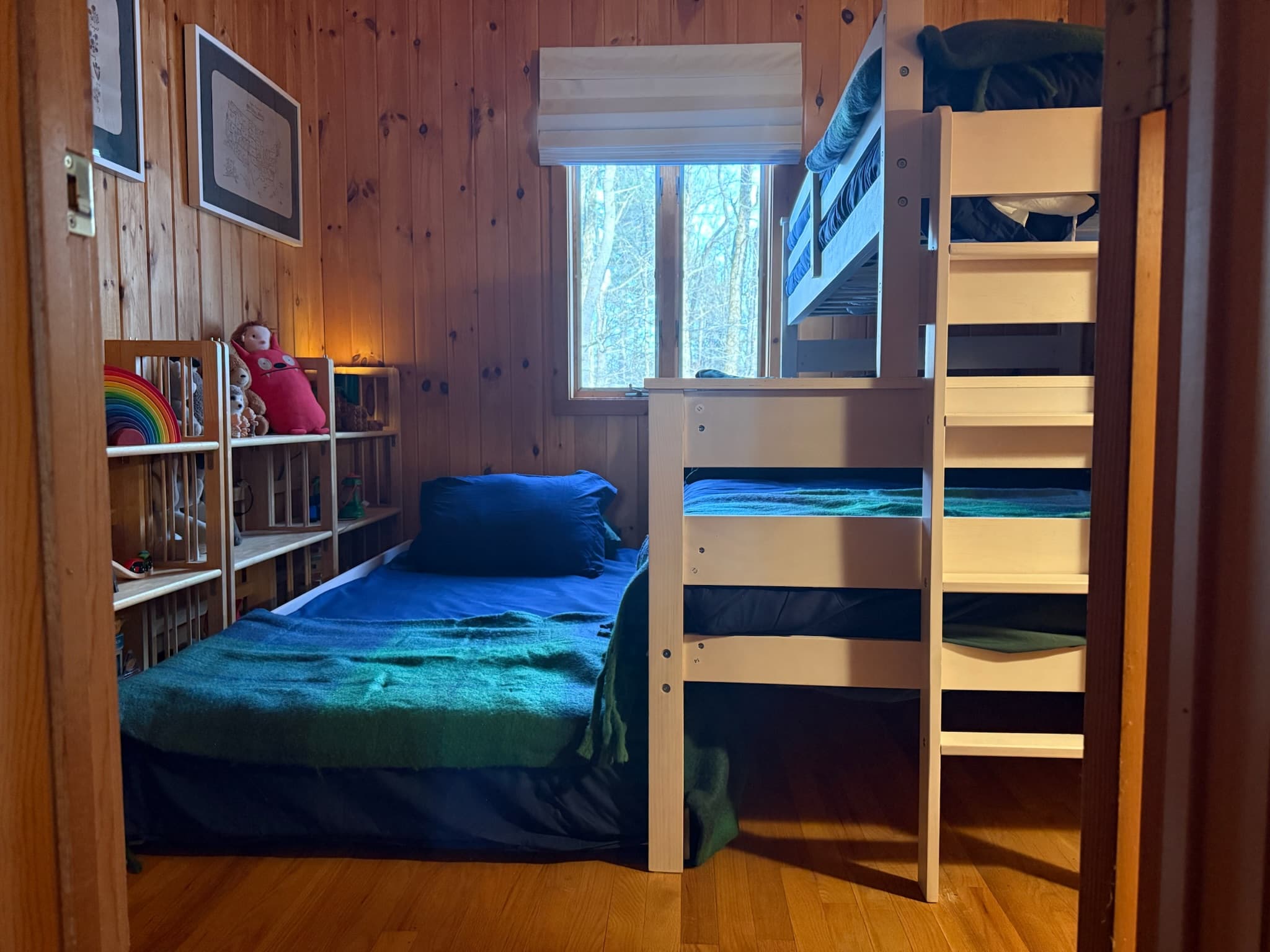 With the hideaway trundle bed, the bunk room can sleep 4 kids.
