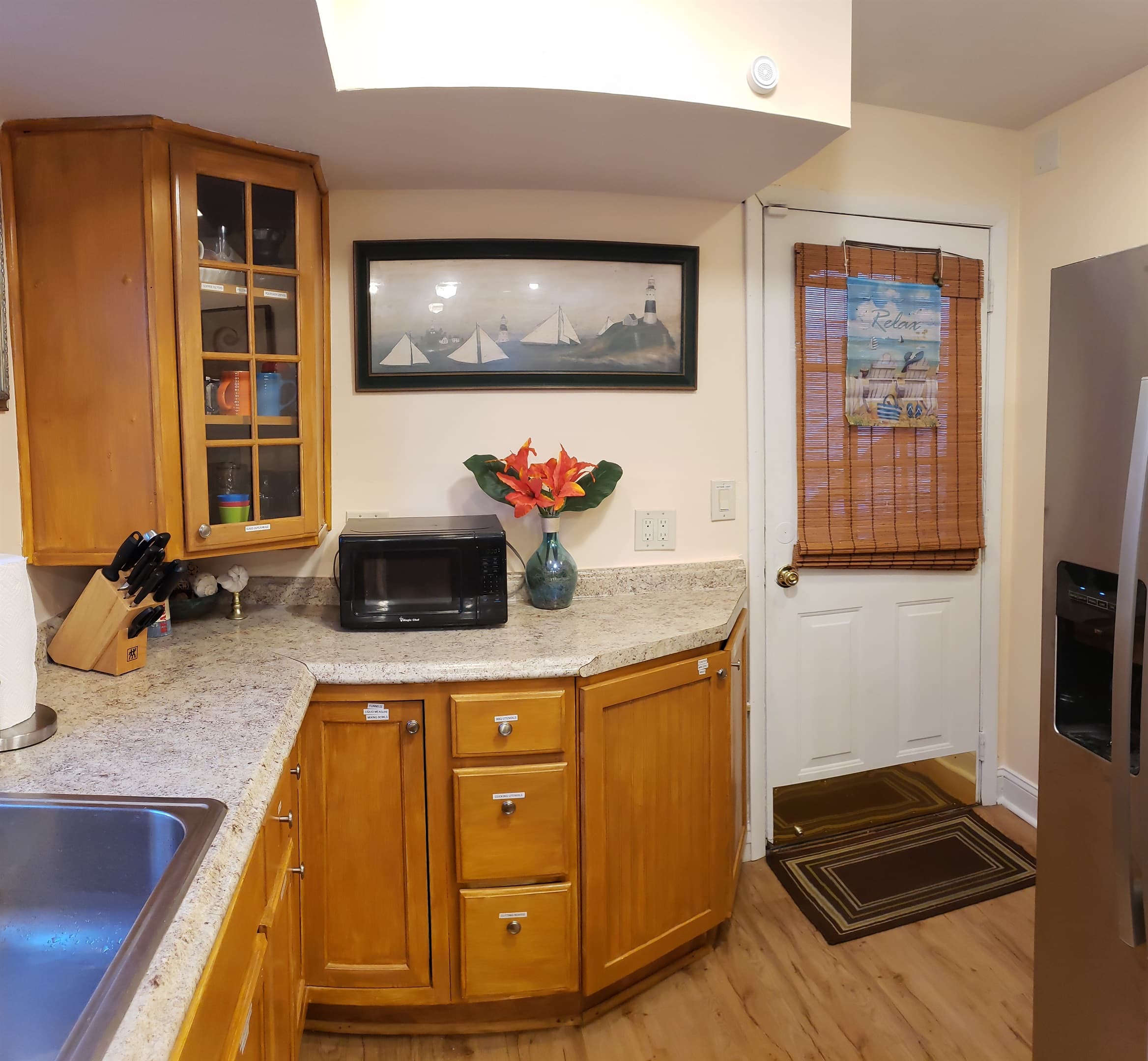 Kitchen is also well stocked with everything needed for cooking or baking.