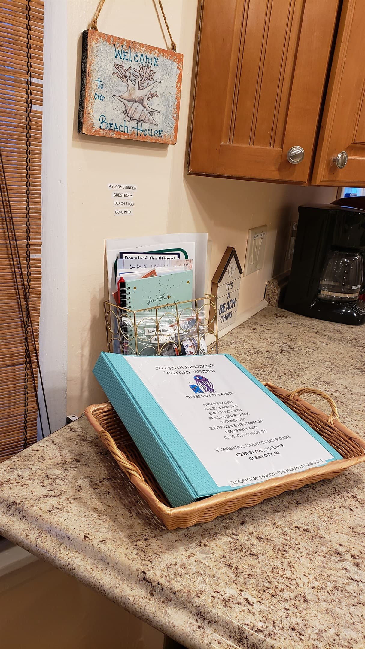 We have welcome binder with all pertinent info. Beach tags, coupons, & guest book are also located here.