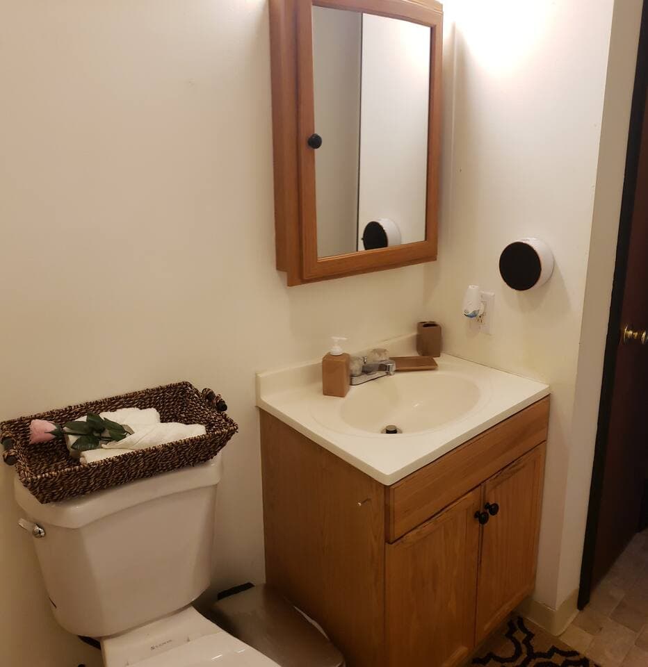 Plenty of bathroom closet storage if needed for your towels and linens (not provided) and an automatic soap dispenser on the wall! 