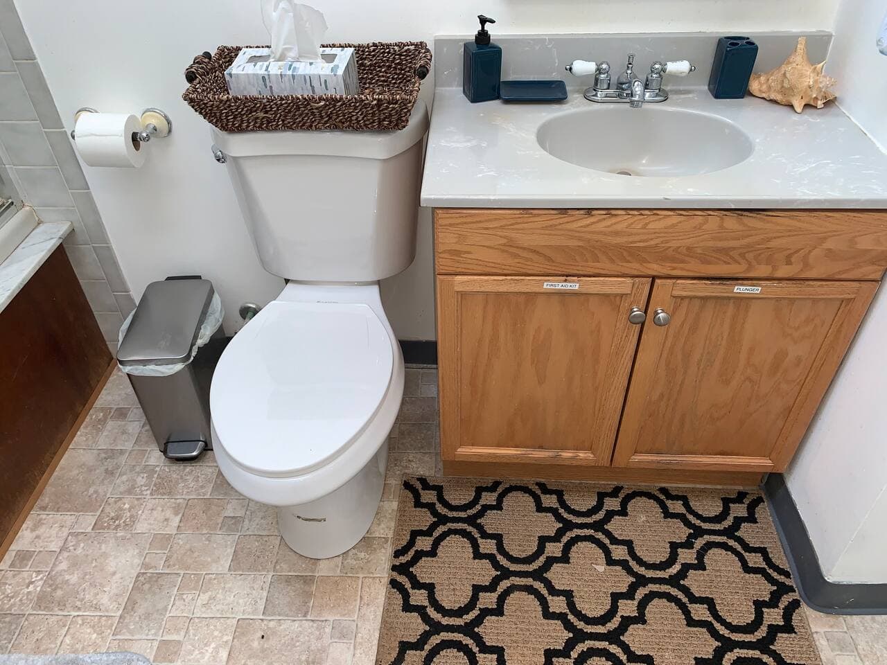 Plenty of storage in this bathroom as well. Large linen closets are awesome for the longer stays for more roomier storage of your belongings. All sinks have first aid kits.