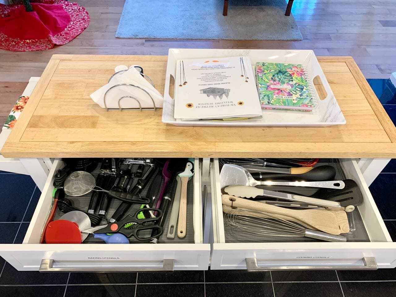 We provide everything you need to cook in the kitchen. The welcome binder is full of helpful information.