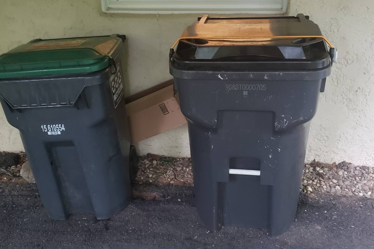 We have curbside trash pickup so there is no need to drive your trash to a distant crowded neighborhood compactor. Bungee cables to prevent Yogi & BooBoo raids.